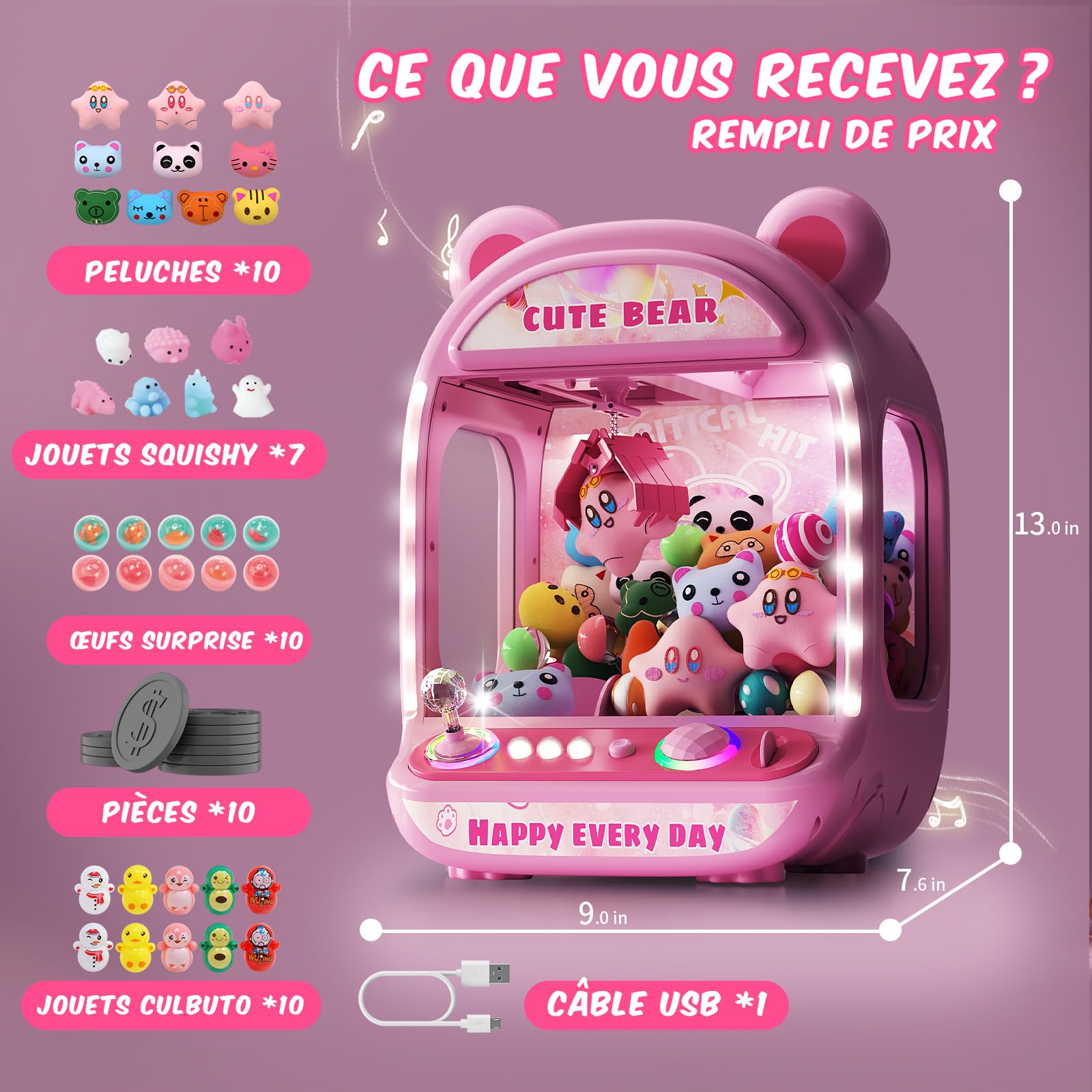 Machine à Griffer pour Enfants, Jouets Licorne pour Filles 6+, Jeux d'Arcade Mini Distributeur de Bonbons avec Jouet Squishy, Rose