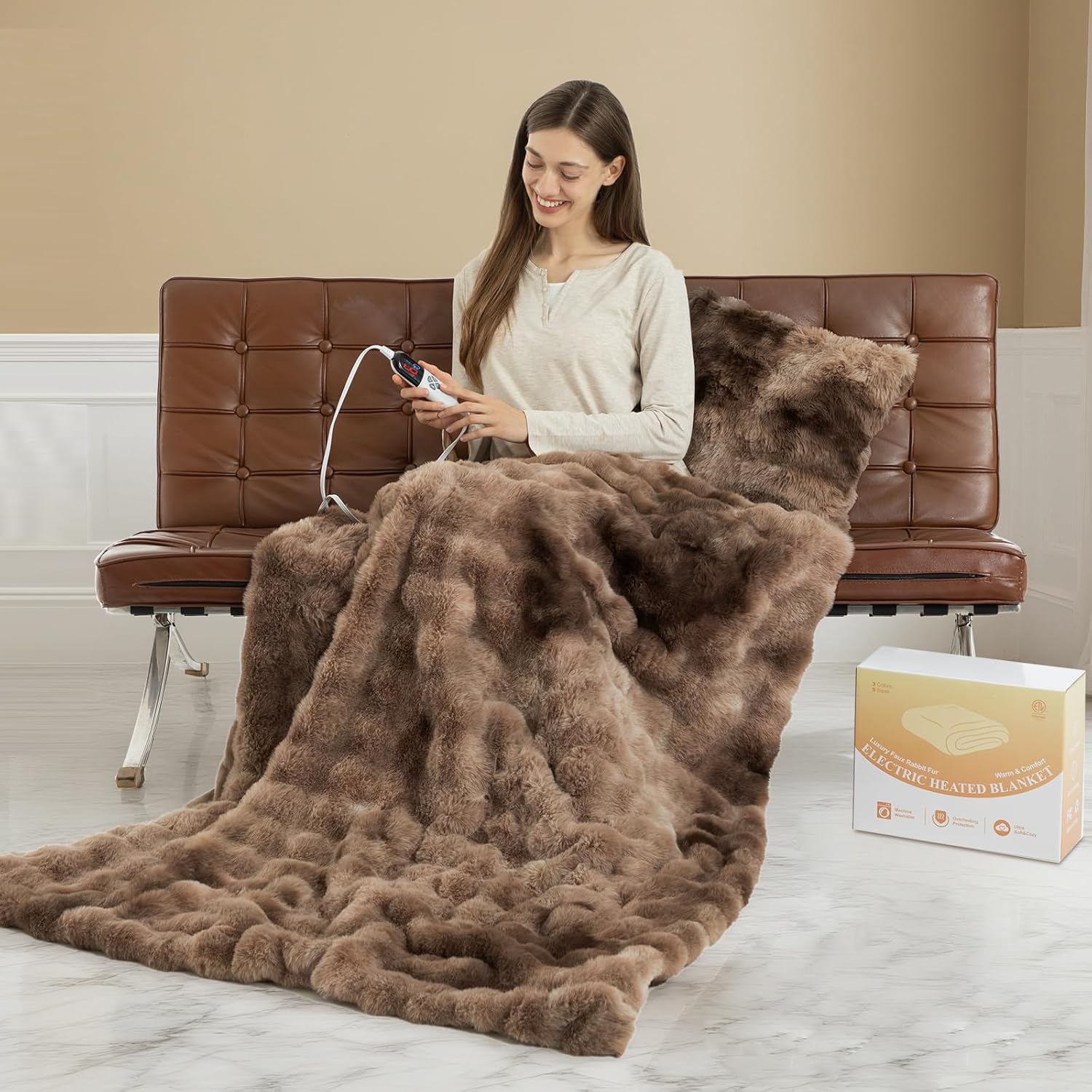 Faux Fur Heated Blanket Throw for Couch - 50"X60" Bubble Faux Fur Electric Blanket Fluffy Fuzzy Soft Thick with 6 Fast Heating Levels & 4 hrs Timer Settings, Washable & ETL Certified, Tie-Dye Brown 3-brown Tie Dye Throw-50"X60"