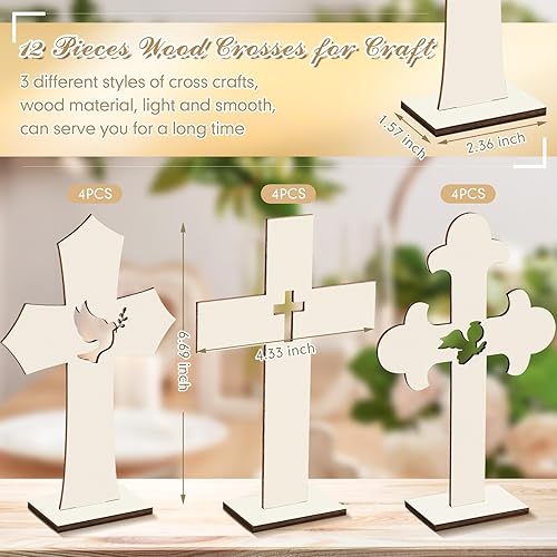 Miniatura 2 de 24 centros de mesa de bautismo para mesas, 12 cruces de madera para manualidades, 12 centros de mesa de aro floral de metal con soporte, centros de