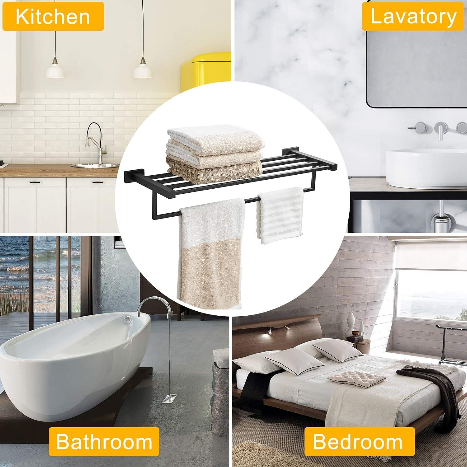 BESy SUS 304 Stainless Steel Bathroom Towel Racks Holder with Towel Bar, Multifunction Single Towel Shelf Hotel Style, Bathroom Accessories 22.2 Inch Screw Wall Mount, Matte Black