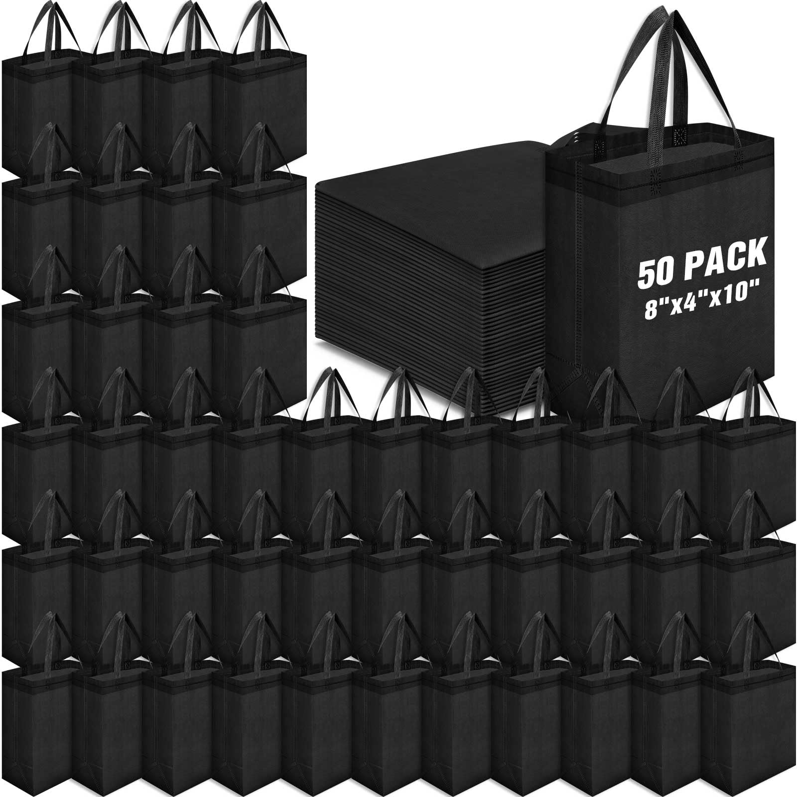 Windyun 50 Pcs Reusable Tote Bag Bulk 8 x 4 x 10 Inch Non Woven Shopping Bag with Handle Christmas Reusable Grocery Gift Tote (Black)