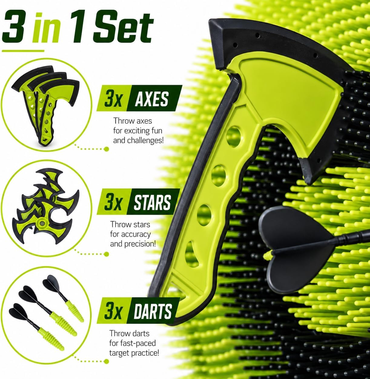 Leeray 3-in-1 Axe Throwing Game for Kids & Adults, 18" Bristle Dart Board with Stand, Throwing Axes, Soft Tip Darts & Ninja Stars, Indoor Outdoor Backyard Games, Camping & Family Party Fun