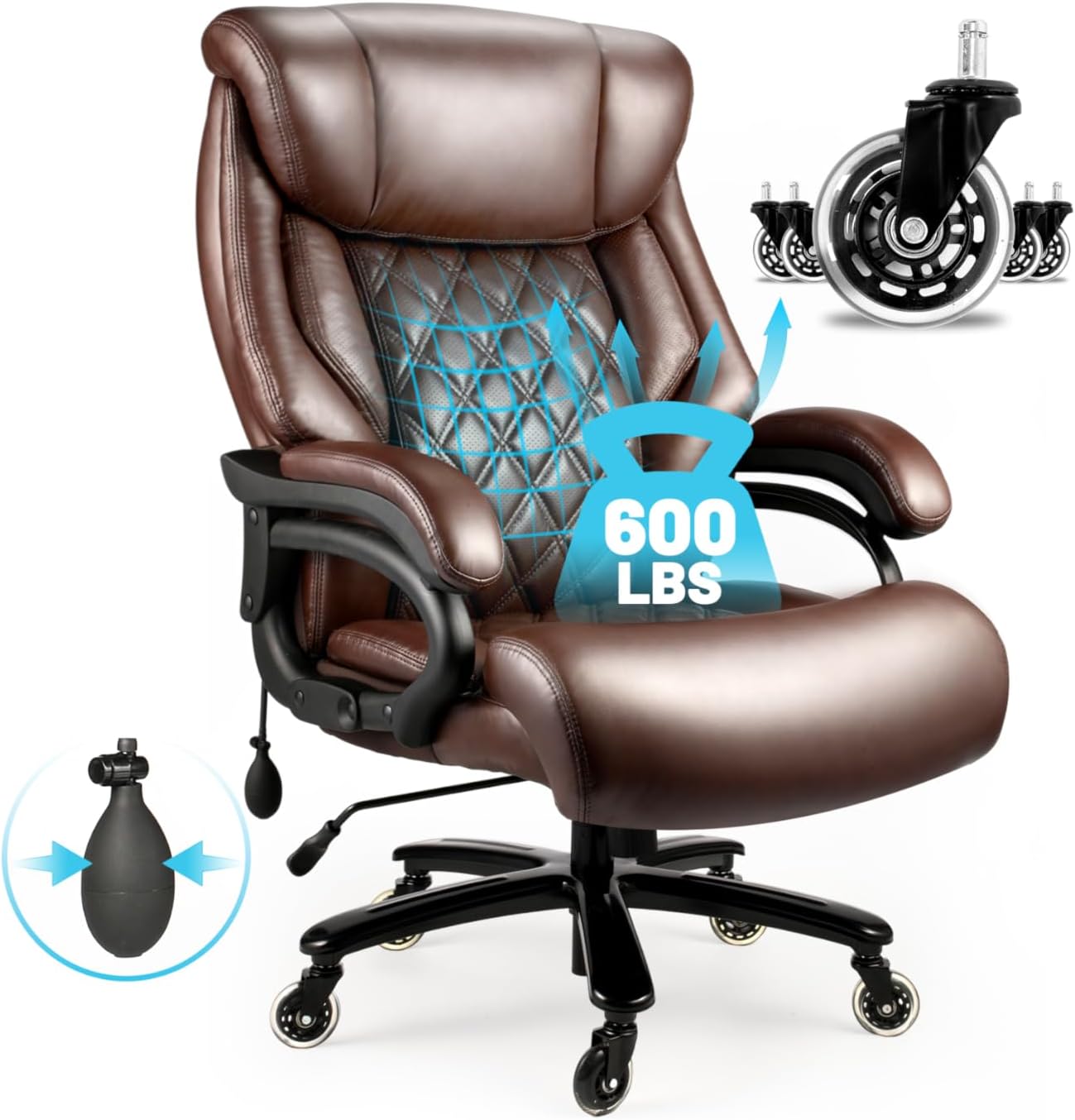 Big and Tall Office Chair 600lbs, Executive Office Chairs with Adjustable Lumbar Suppor,Wide Desk Chair with Quiet Rubber Wheel，Heavy Duty Office Leather Chair for Heavy People (Brown)
