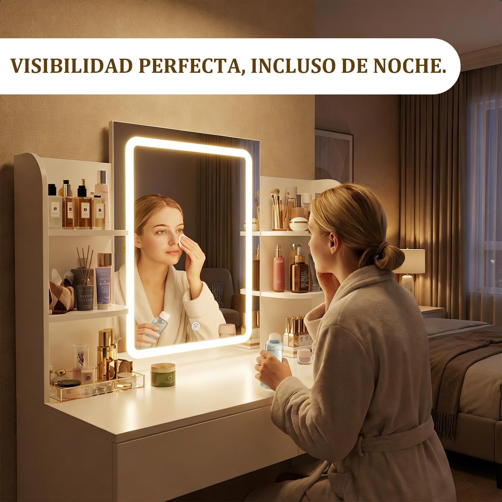 Airfish Tocador de Maquillaje con Espejo LED Regulable, 2 Cajones, 4 Estantes, 90x40x135 cm, Blanco