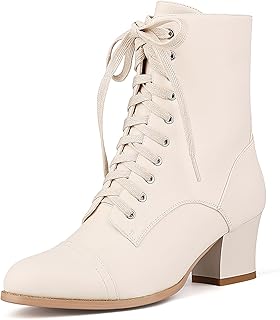 Women's Victorian Ankle Boots Lace UP Boots For Women Booties Side Zipper Block Chunky Mid Heel
