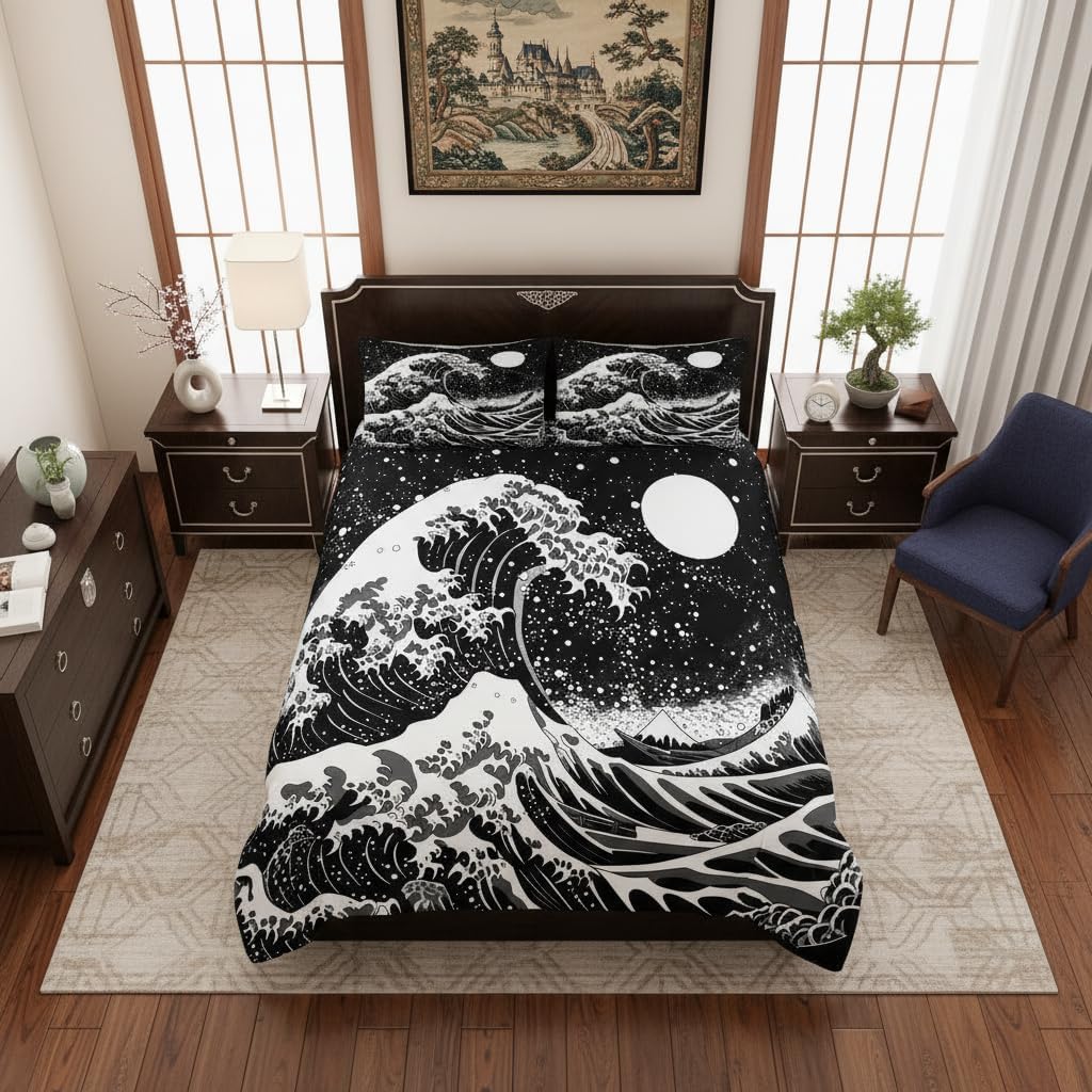 Castle Fairy Moon Girls Bedding Set Twin Size, Ocean Waves Mountain Fuji Print Duvet Cover Set,Marine Coastal Nautical Theme Room Decor,Black Quilt Cover,1 Pillowcase(No Comforter)