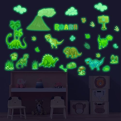 Calcomanías de pared de dinosaurio que brillan en la oscuridad, huellas extraíbles, calcomanías de dinosaurio para techo, decoración de pared de