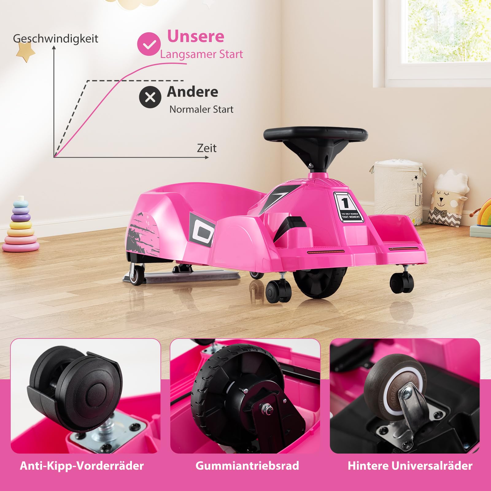 COSTWAY 3 in 1 Reinigungs Kinder Elektro Gokart, 12V Cleaning Drift Kart mit abnehmbarem Mopp, 2-4 km/h, Go Cart mit Musik, Fernbedienung & Hupe, Kinderfahrzeug Tretauto für 2-5 Jahren Kinder (Rosa)