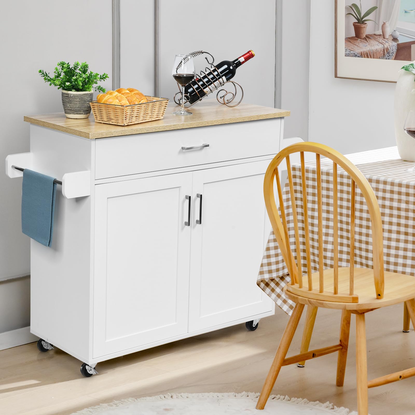 KOMFOTTEU Carrello da Cucina Ausiliario, Carrello di Servizio con Cassetto e Ripiano Regolabile, Isola da Cucina da Sala da Pranzo con Ruote Universali con Freni, in Legno, 116 x 40 x 85 cm, Bianco