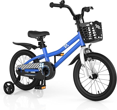 Miniatura 19 de COSTWAY Bicicleta para niños, 12, 14, 16, 18 pulgadas, para niños y niñas de 3 a 8 años, bicicleta para niños con ruedas de entrenamiento Azul,