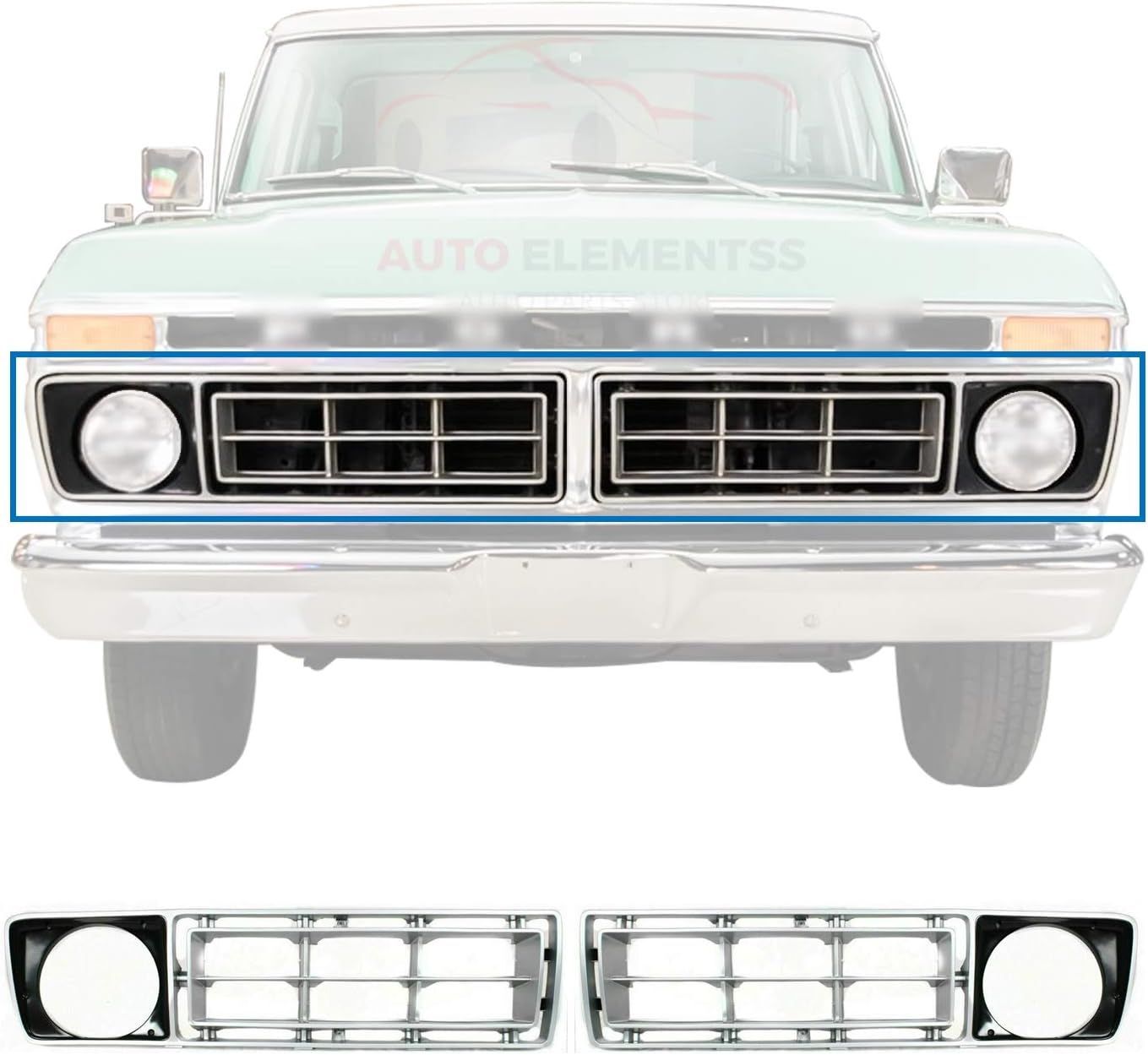 Headlight Grille Trim Bezels Set Silver with Round Holes for 1976-1977 Ford F-100 F-150 F-250 F-350 F-500 OE Direct Replacement D6TZ8151A D6TZ8150A