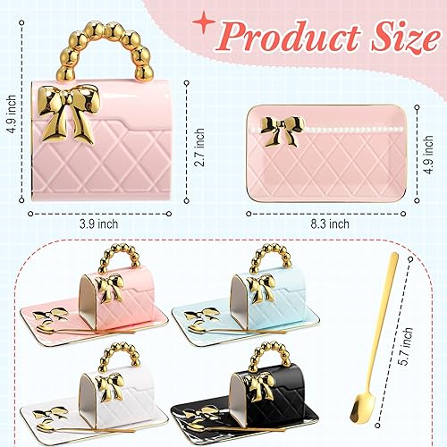 Miniatura 8 de Juego de 4 tazas de café con forma de bolso de té de cerámica con cuchara platillo de 10 onzas10.5 fl oz monedero taza de regalo para oficina,