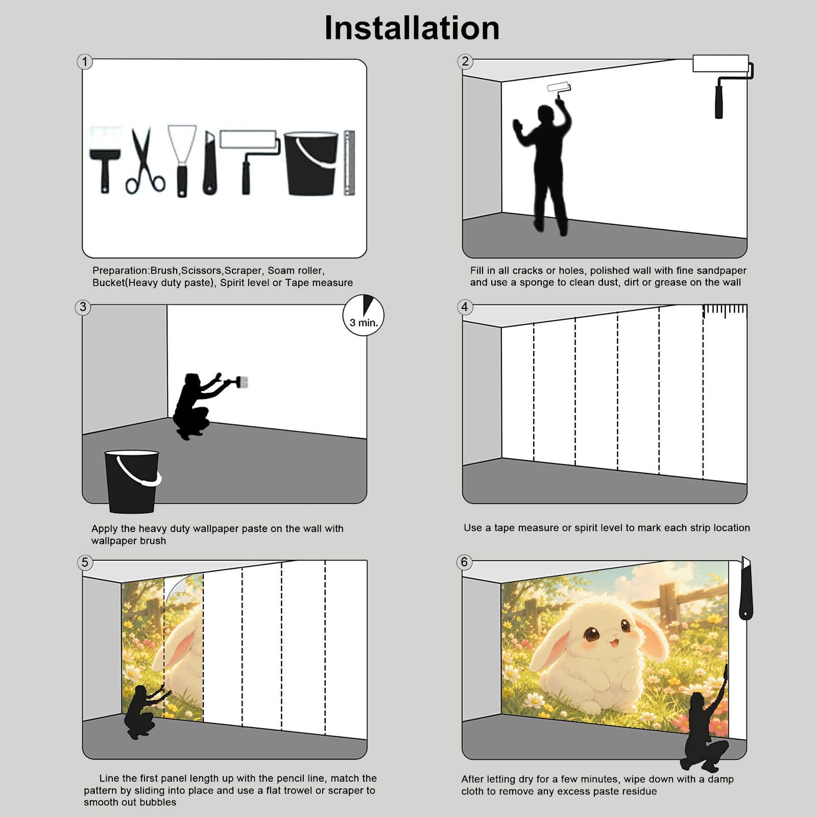 Carta Da Parati Fotomurale Xxl cartone animato carino 350x256cm,Poster Murale Fotografica 3D In Tessuto Seta Giardino delle margherite con coniglietti Per Tv Corridoio Soggiorno, Giallo-verde