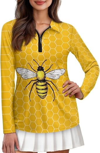 Poceacles Womens V Neck Golf Polo Shirts Long Sleeve Quarter Zip Print Tennis Top Active Tennis Shirts Print Tennis Tops
