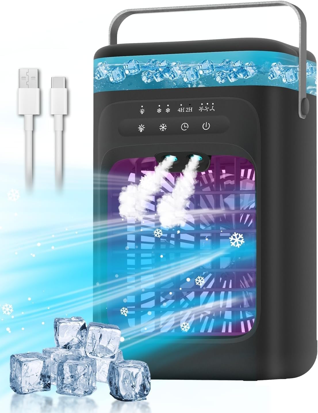 Portable Air Conditioner, 4-in-1 Evaporative Air Cooler, Personal Cooling Fan with 3 Speeds, 2 Mist Modes, 7 LED Night Light, 2-4H Timer, Quiet Mini Air Cooler for Bedroom Office C image 1