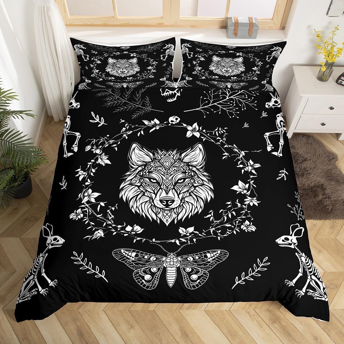 Castle Fairy Wild Wolf Duvet Cover Gothic Moth Animals Skeleton Bedding Set Weed Floral Black White Comforter Cover(No Filler) for Boys Girls Kids Room Decor Bedding Set Twin Size with 1 Pillowcase