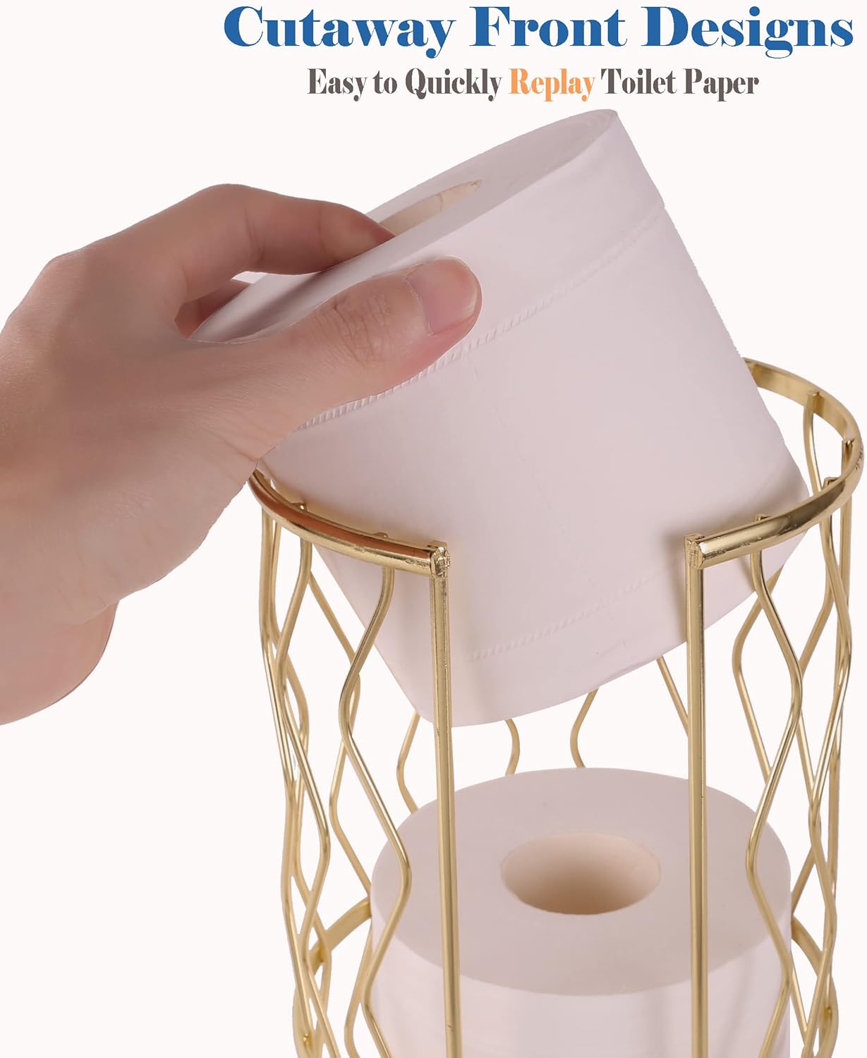 Decorative Metal Standing Toilet Tissue Holder for Bathroom/Powder Room, Compact Tissue Reserve for 3 Rolls of Toilet Paper Gold