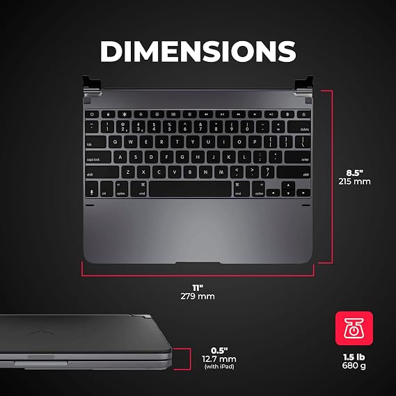 Brydge Keyboard 12.9 Pro (3rd Gen, 2018 Model) Backlit - Space Grey | Adjustable, Portable, Bluetooth Connectivity, USB-Charging Compatible w/ iPad Pro 3rd & 4th Gen (2018 & 2020, Space Gray)