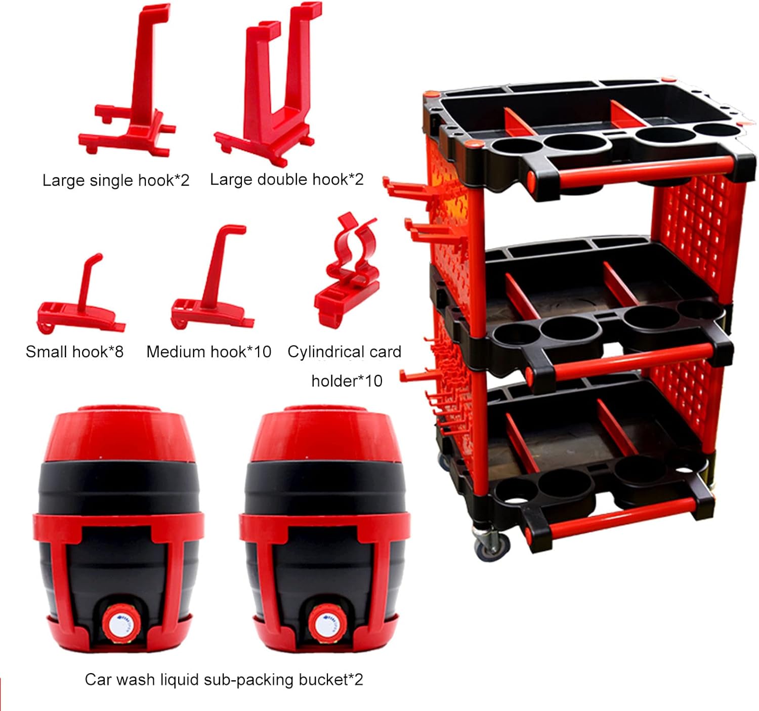 Rolling Utility Tool Car Wash Detail Trolley, 3 Shelf Mechanics Cart Organizer with Side Hanging Plate & Hooks, Industrial Service Cart Storage Shelving, for Garage/Warehouse/Repair Shop