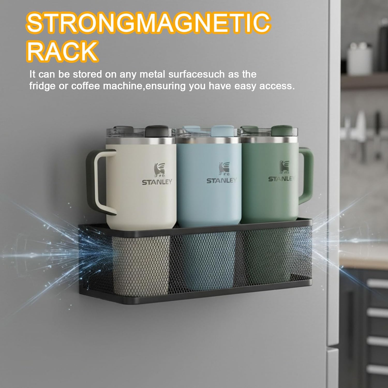 Magnetic Cup Holder Set for Fridge, Stanley 30/40 oz Tumbler Organizer & 3-Slot Straw Caddy, Heavy Duty Carbon Steel Water Bottle Holder, Black - Image 4