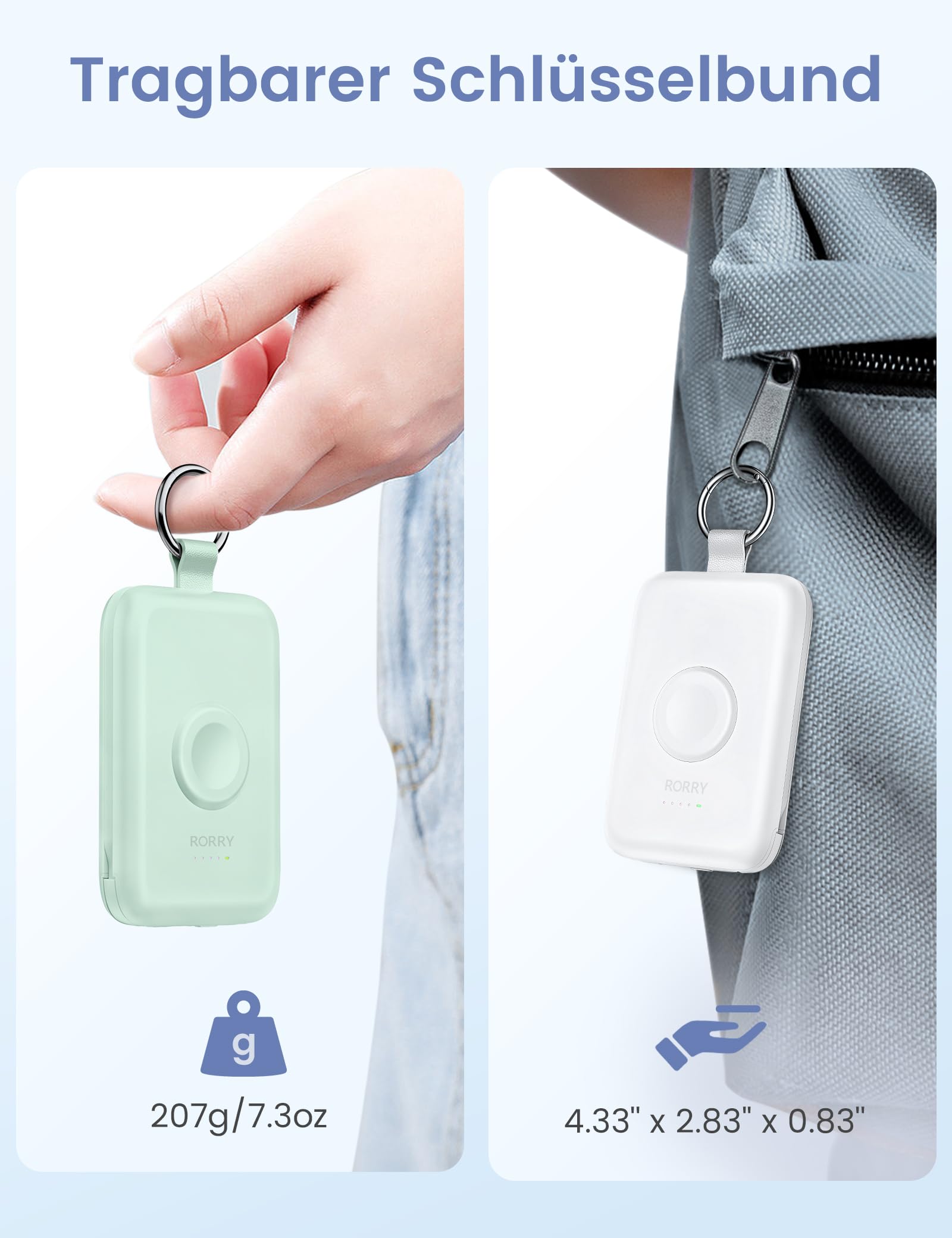 RORRY Power Bank, 10000mAh Powerbank Schnellladefunktion PD 20W mit Integriertem Kabel, Reise Portable Charger Externe Handyakkus für iPhone 17/16/15/14 and Apple Watch Ultra 11/10/9/8/7/SE, Weiß