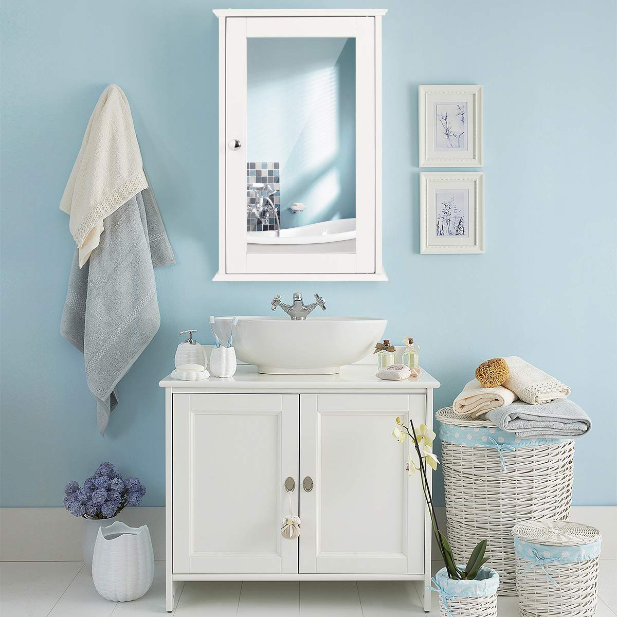 COSTWAY Armoire Murale Salle de Bain, Placard de Rangement Toilettes, avec Miroir, Meuble de Rangement avec Étagères à Hauteur Réglable, 34 x 15 x 53 cm, Blanc