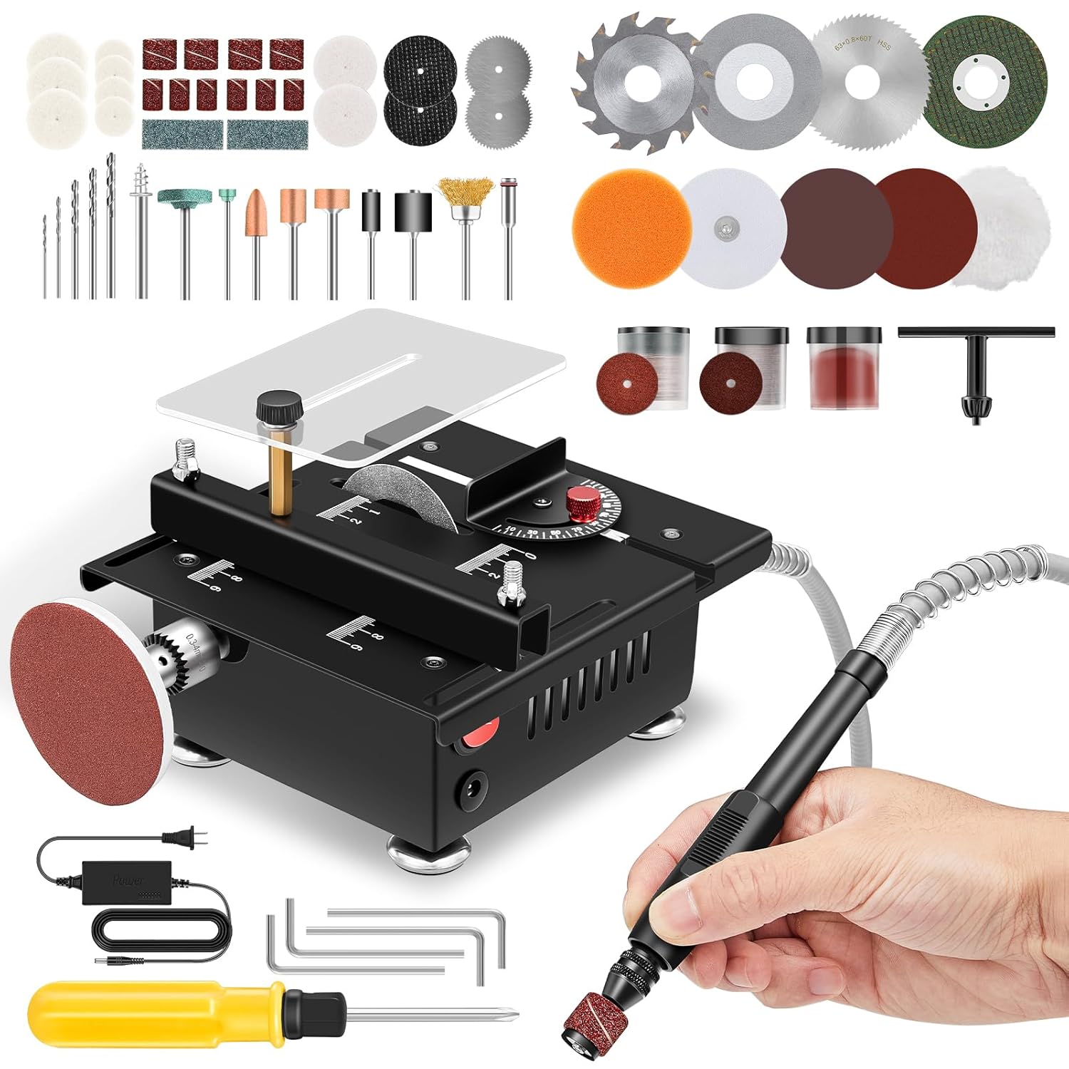 Saker Mini Multi-Functional Table Saw with various accessories