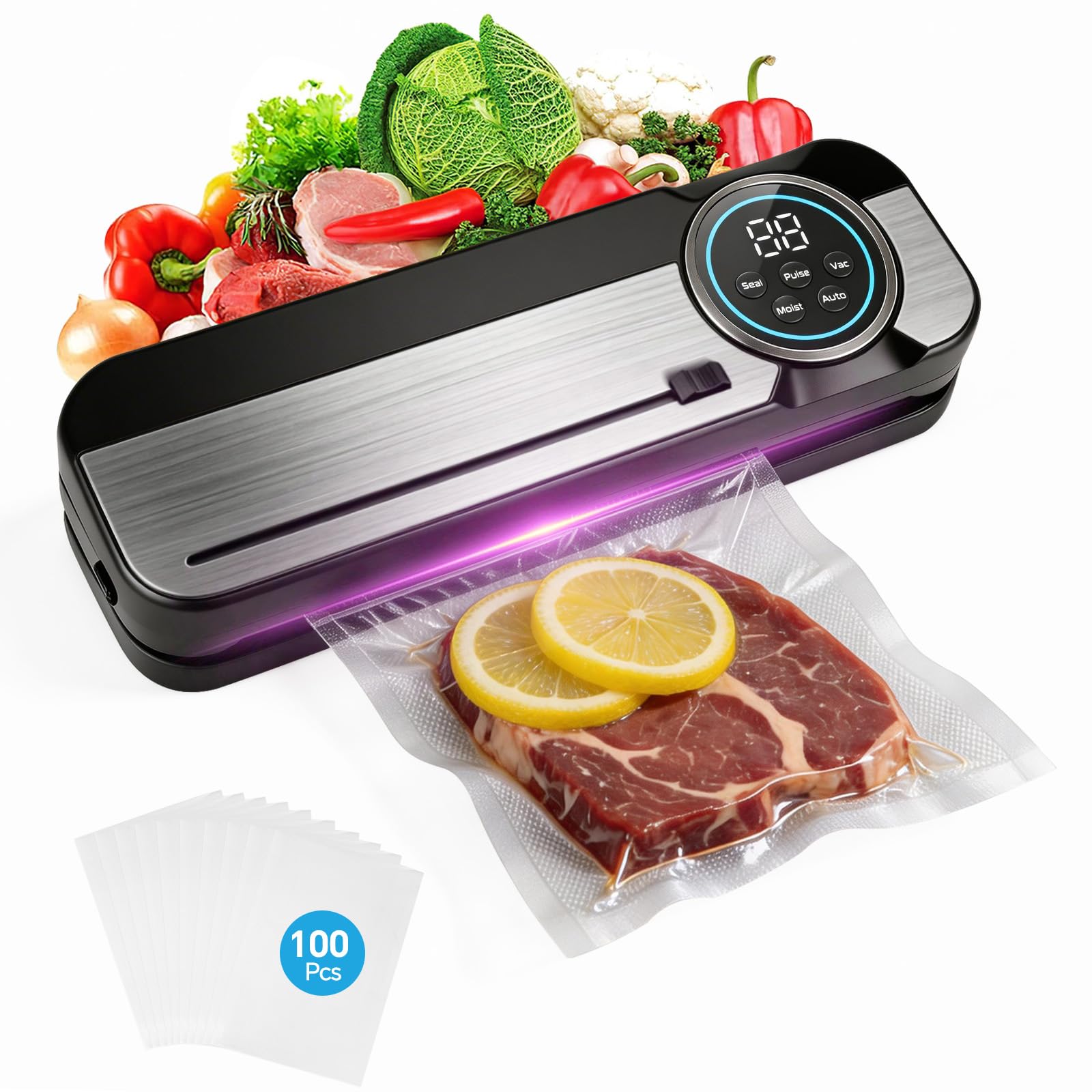 Maidlo Vakuumiergerät 120W 75kPa All-in-1 mit 100 BPA-freien Beuteln für Sous-Vide