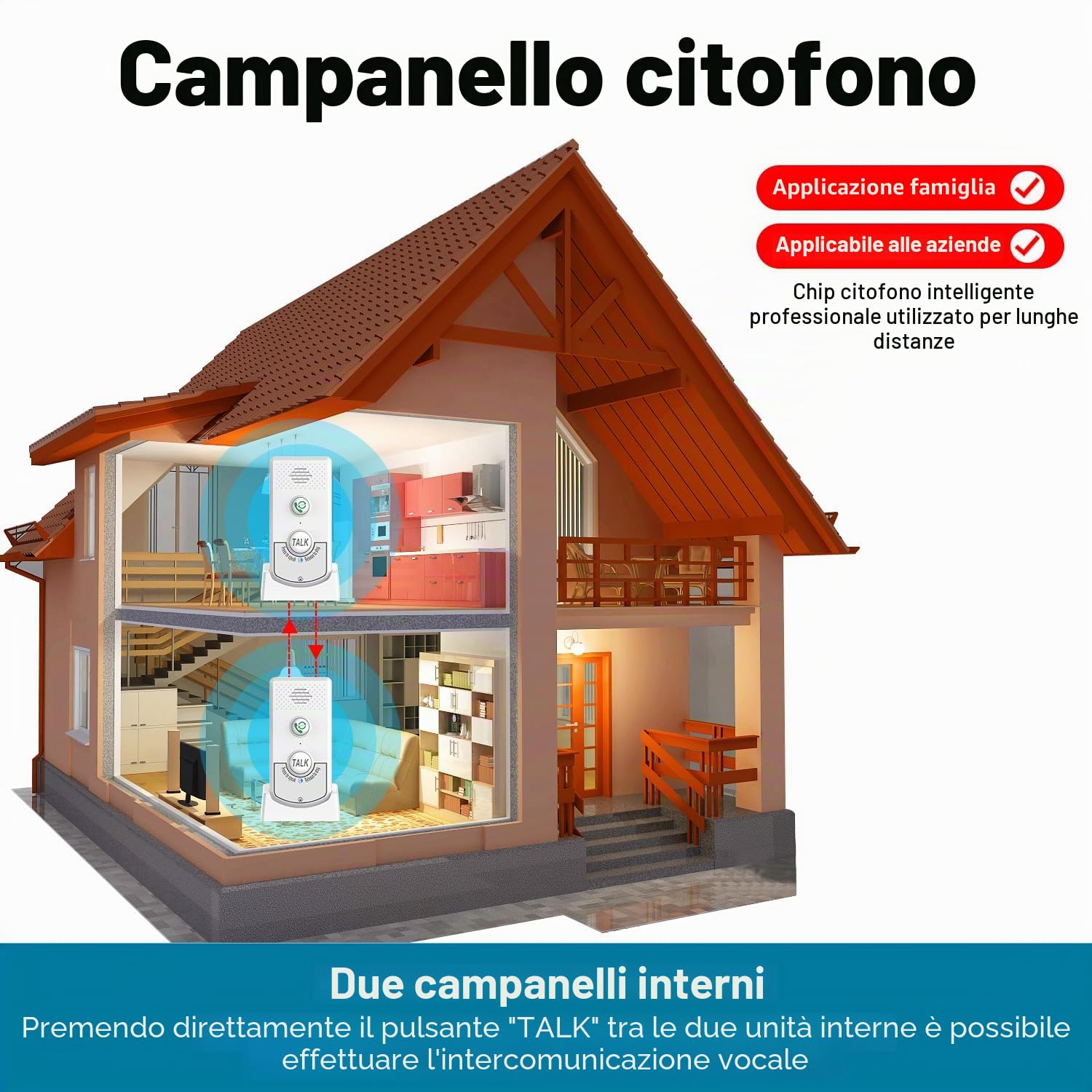 Citofono wireless a 2 vie per citofono vocale portatile a casa con batteria ricaricabile da 2000 mAh, sistema interfono a lungo raggio da 1000 m per la casa