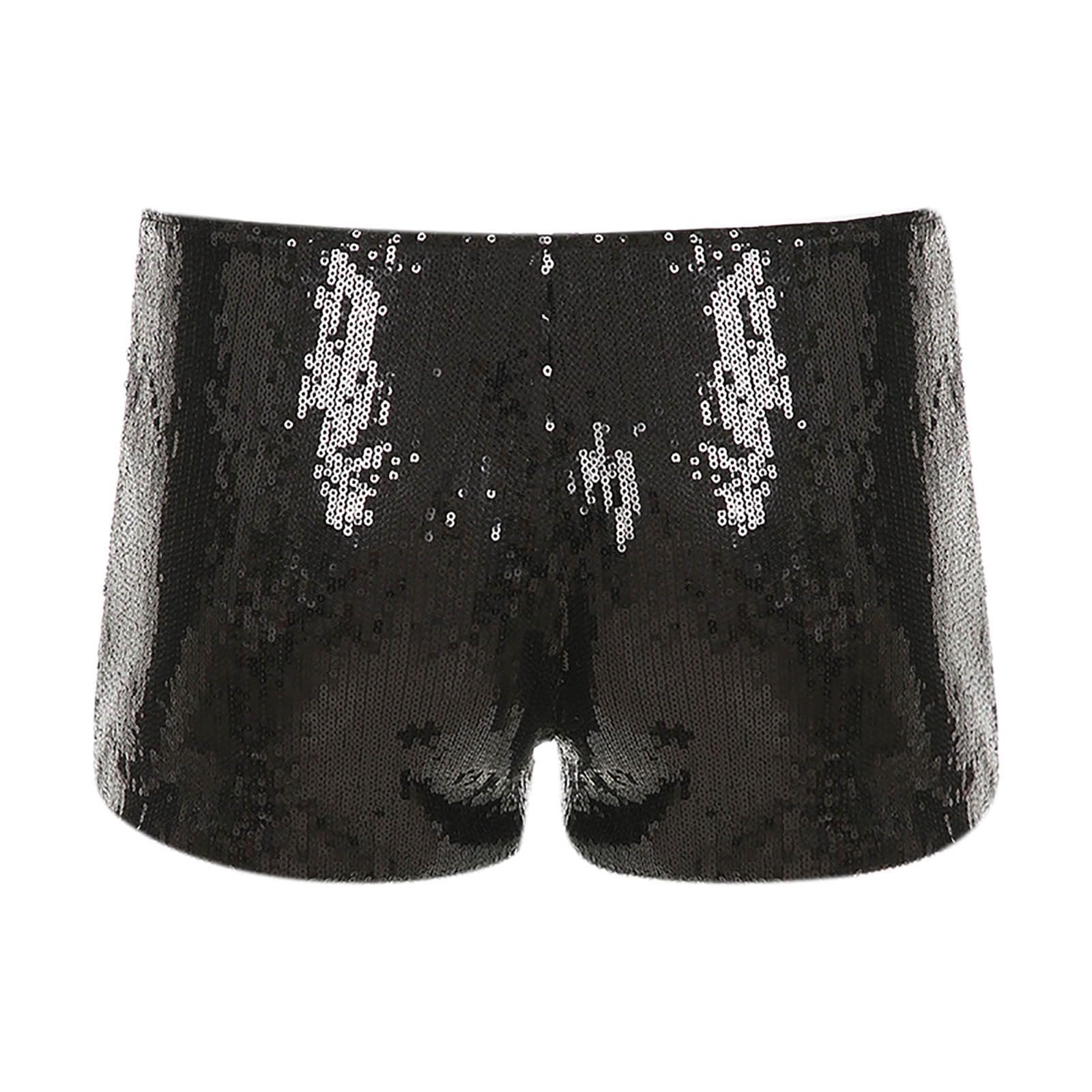 Pantaloni da donna con brillantini, elastici, bassi, per il tempo libero, in vita elasticizzata, con paillettes, pantaloncini lucidi, per ballo, feste, carnevale, costume