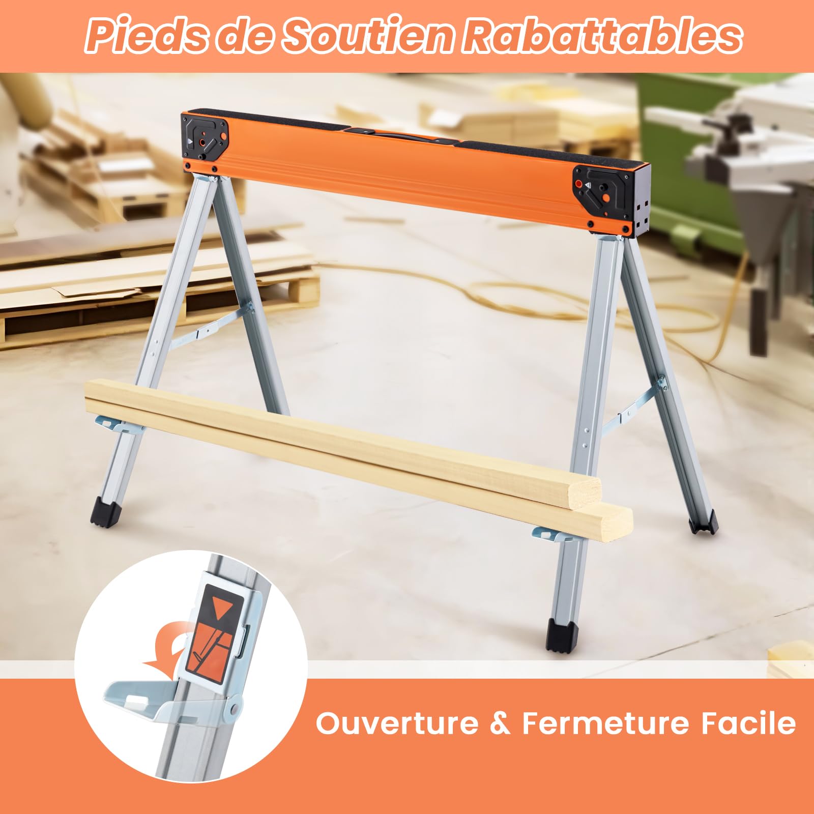 GOLUS Lot de 2 Chevalets de Sciage Pliables, 2 Tréteaux de Scie avec Patins Antidérapants, Structure Triangulaire, Charge Capacité 500 KG, pour Découpe, Sciage, Bricolage(Orange+Argent)