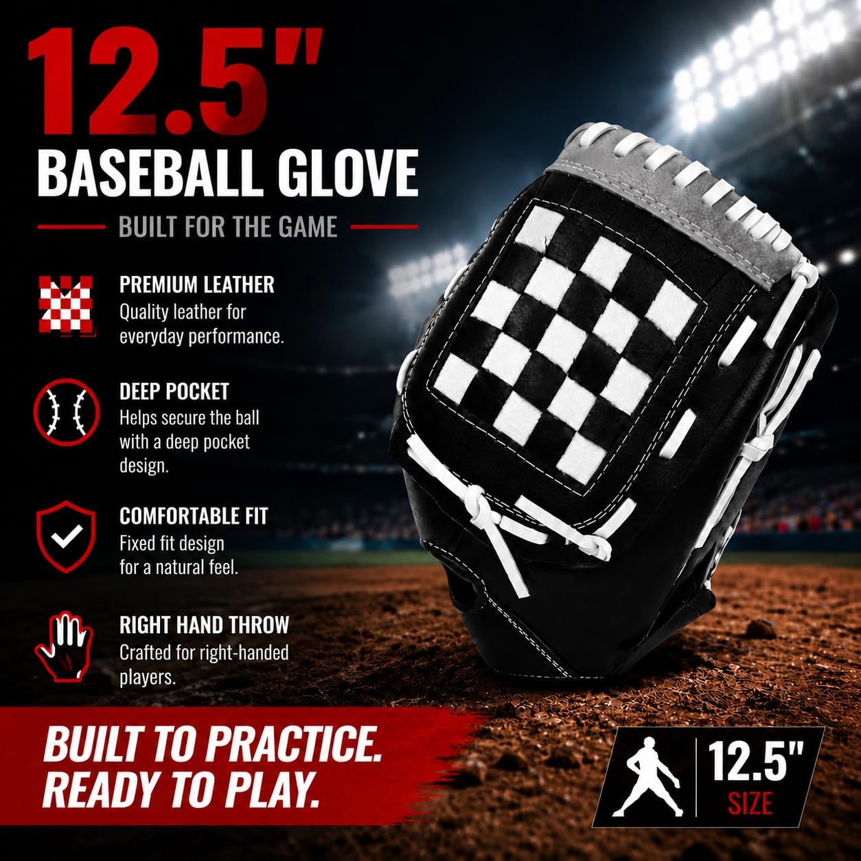 Adult PVC Leather Baseball Glove, Slowpitch Softball Mitt for Men Women, Right Hand Throw, Sizes 10.5" 11.5" 12.5"