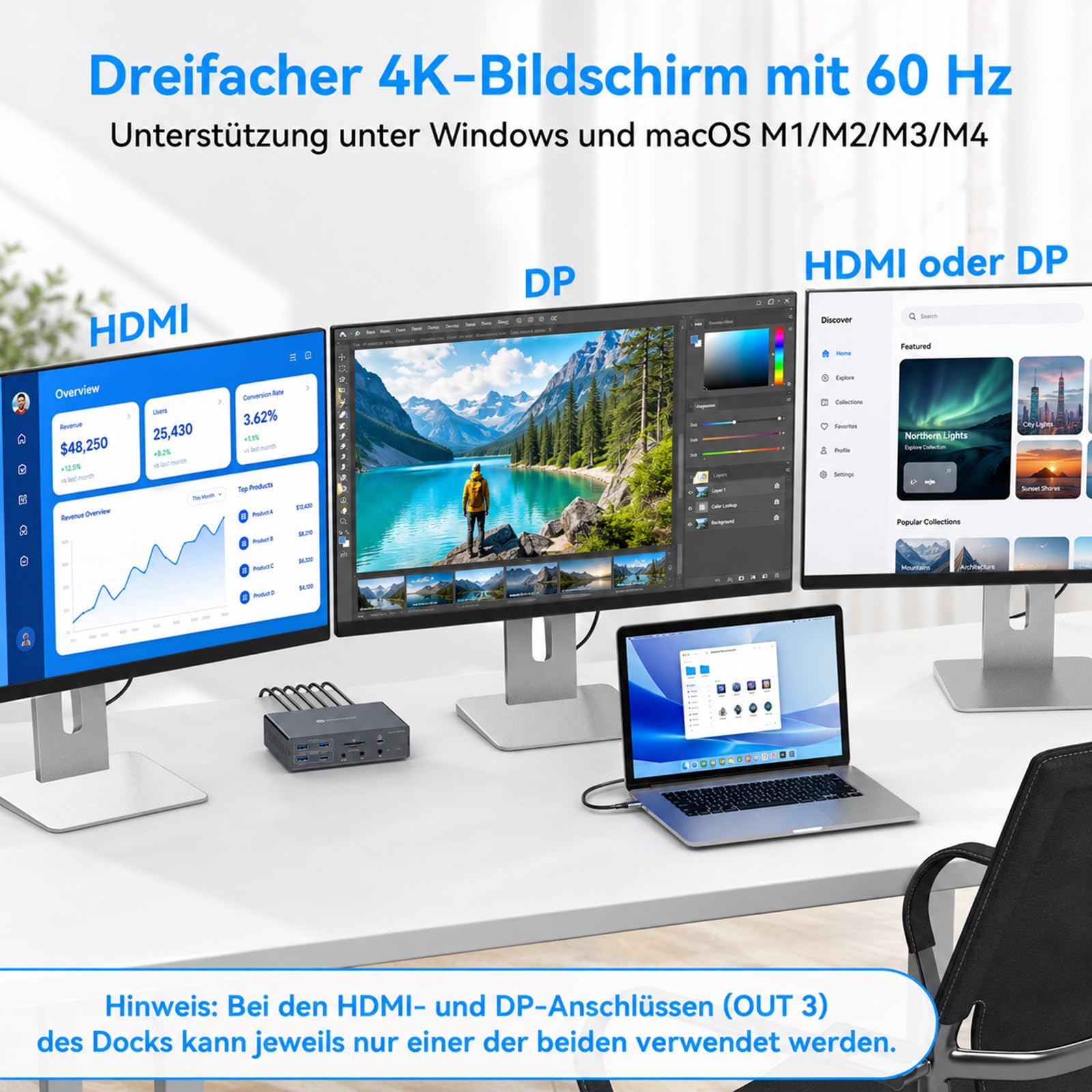 USB C Docking Station 3 Monitore mit DisplayLink, Triple 4K@60Hz Dockingstation für MacBook Pro/Air M5 M4 M3 M2 M1 & Windows Laptop, 19-in-1 USB-C Dock mit 2 HDMI 2 DisplayPort, 100W PD, USB 3.2