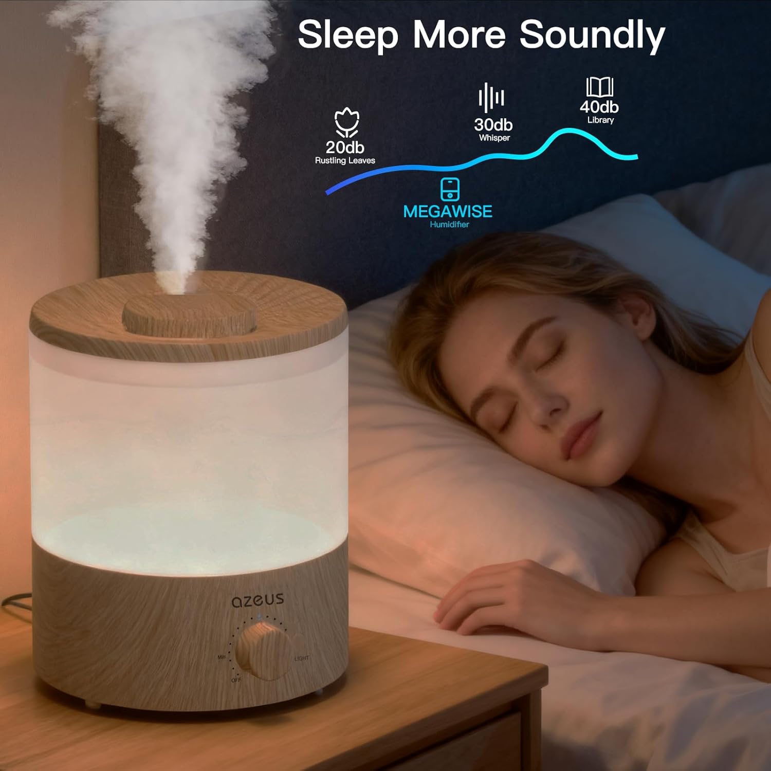 AZEUS SK7620 1.5L Ultrasonic Humidifier with 7 Color Night Light, Cool Mist Humidifier with Adjustable Output, Quiet Operation & Auto Shut-Off for Home and Office