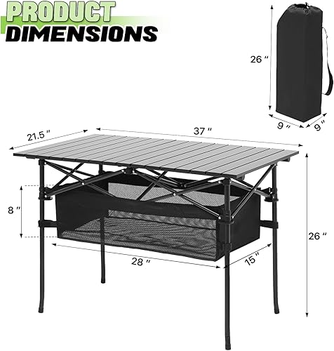 Miniatura 3 de Magshion Mesa de camping plegable de 37 pulgadas con cesta de almacenamiento grande y con bolsa de transporte, mesa de picnic de aluminio para