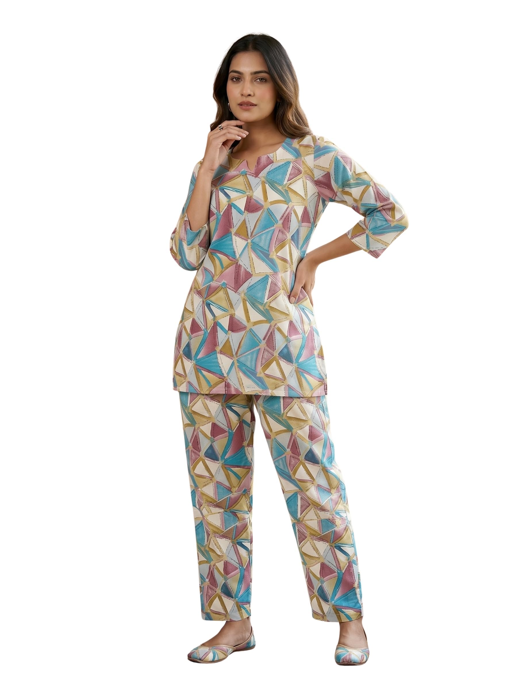 Co Ord Set for Women Stylish | Delta Poly Top Pant Coord | Casual Western Two Piece Matching Outfit | Round Neck V-Slit 3/4 Sleeve | Printed Cord Set for Ladies - Teal Mosaic-image-20