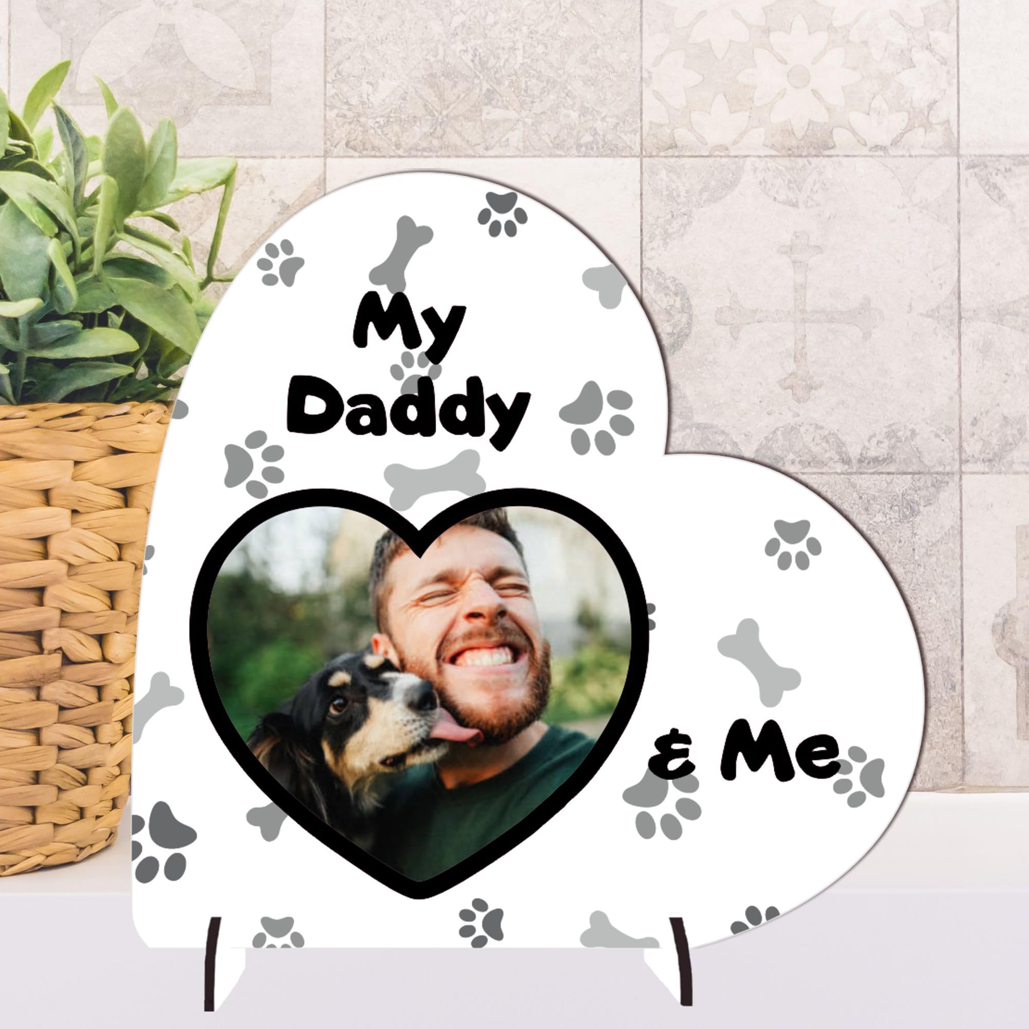 Personalised Heart Plaque - My Dog Daddy and Me | Pet Photo Frame | Handmade Gift for Dog Dads | Father's Day Present (Mdf Wood 13.5cm x 13.5cm, Black And Grey)