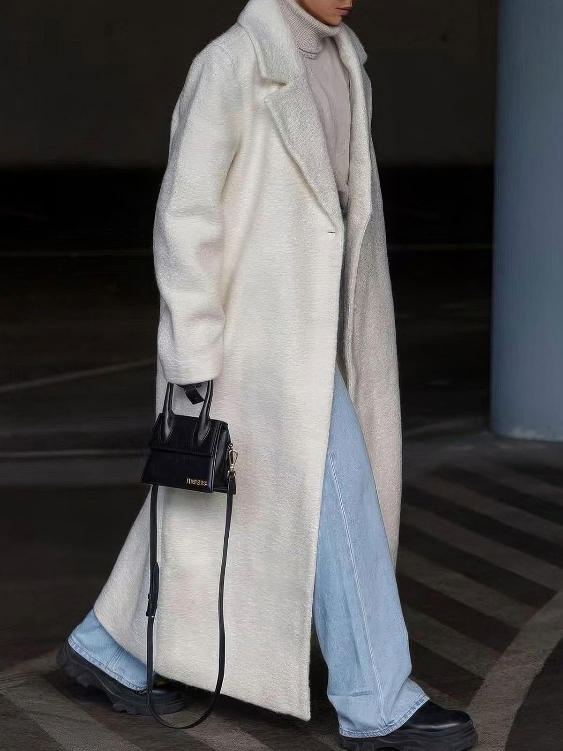 ebossy Women's Fashion Notched Lapel Single Breasted Open Front Maxi Long Trench Coat Woolen Overcoat with Pockets - Image 3