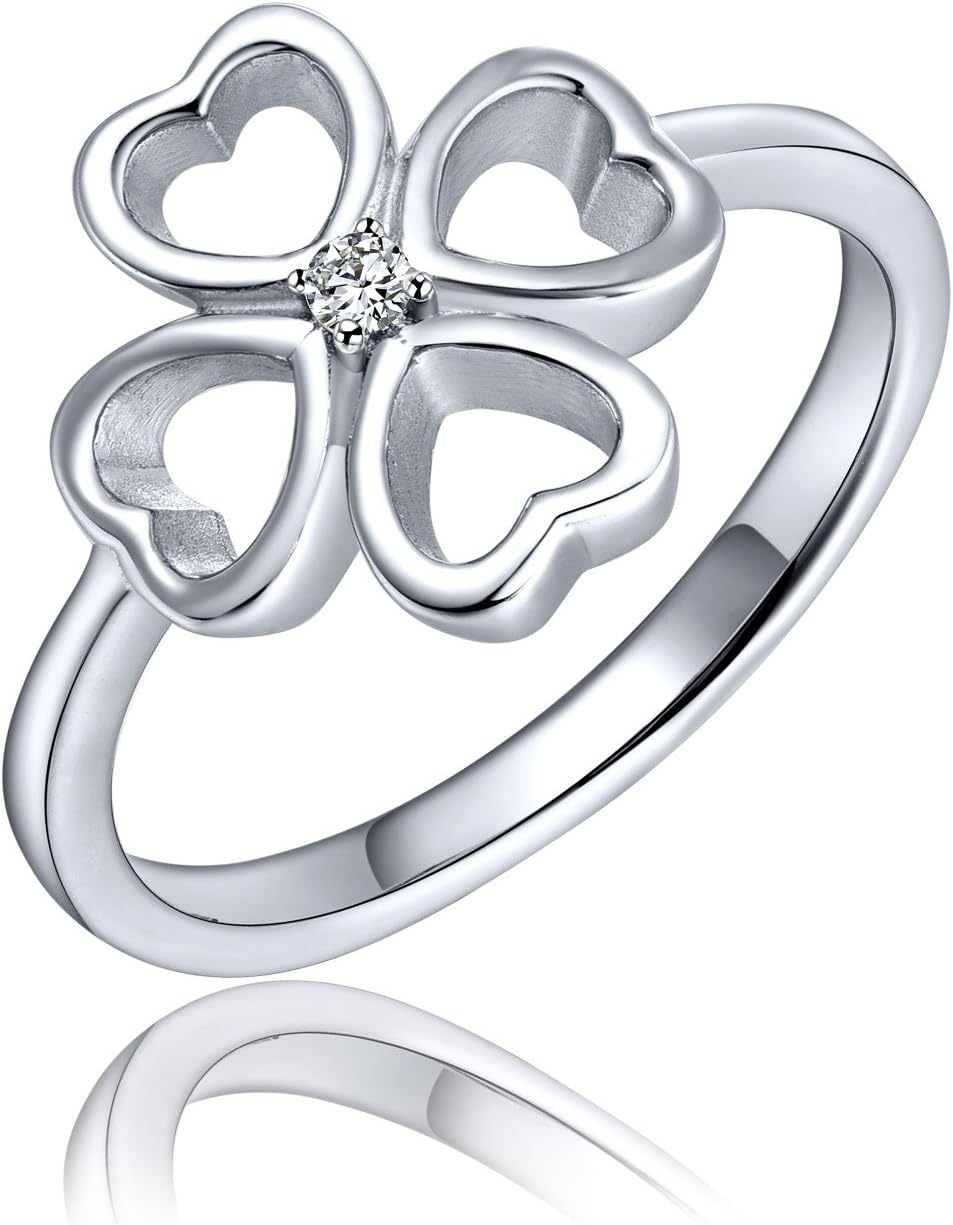 YH Jewelry 925 Sterling Silver Open Heart Clover Ring White Gold Plated Wedding Band for Women Size 6