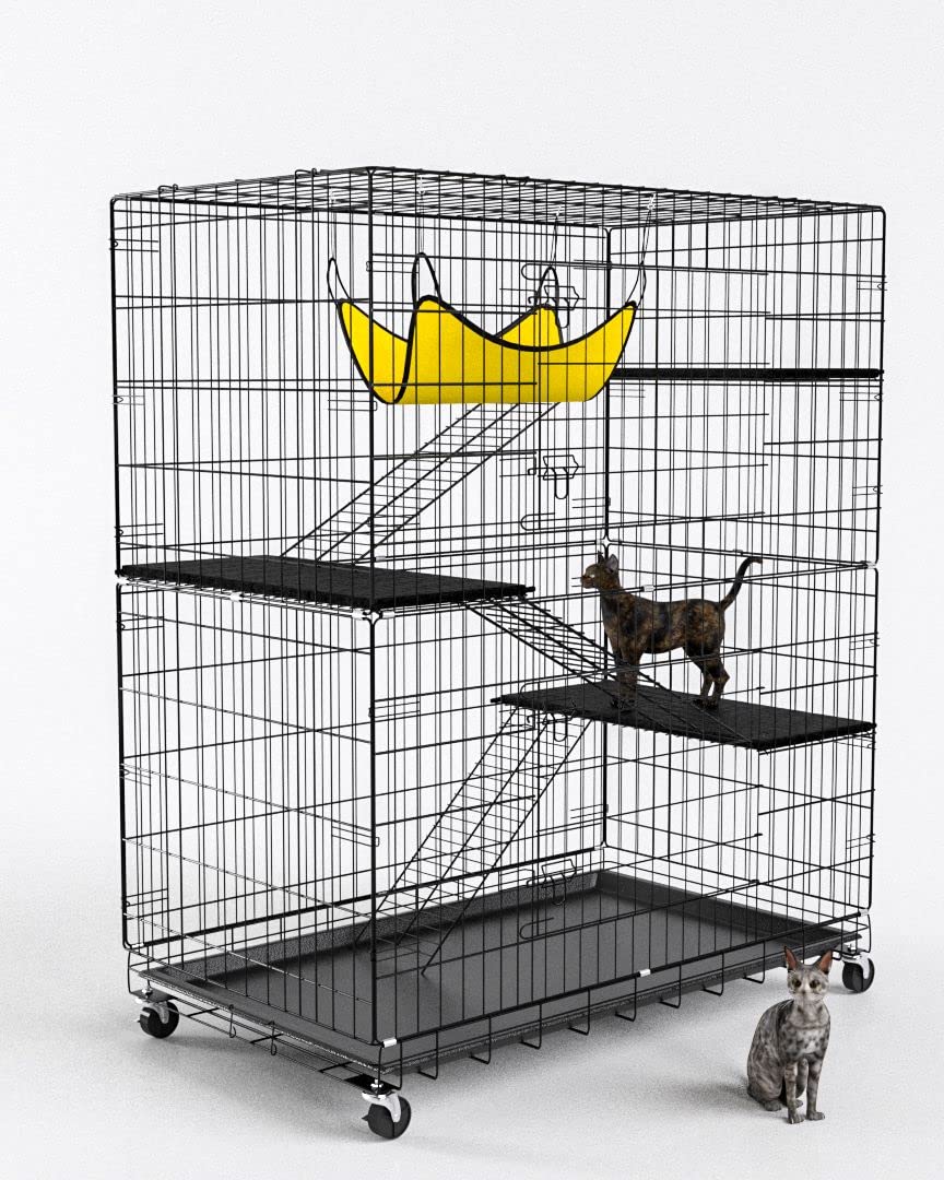 Collapsible Cat Cage, 4-Tier 48 Inches Metal Large Cat Kennel Ferret Enclosure Chinchilla Cage with 360° Rotating Casters/Ramp/Ladders/Hammock for Indoor/Outdoor Kitten
