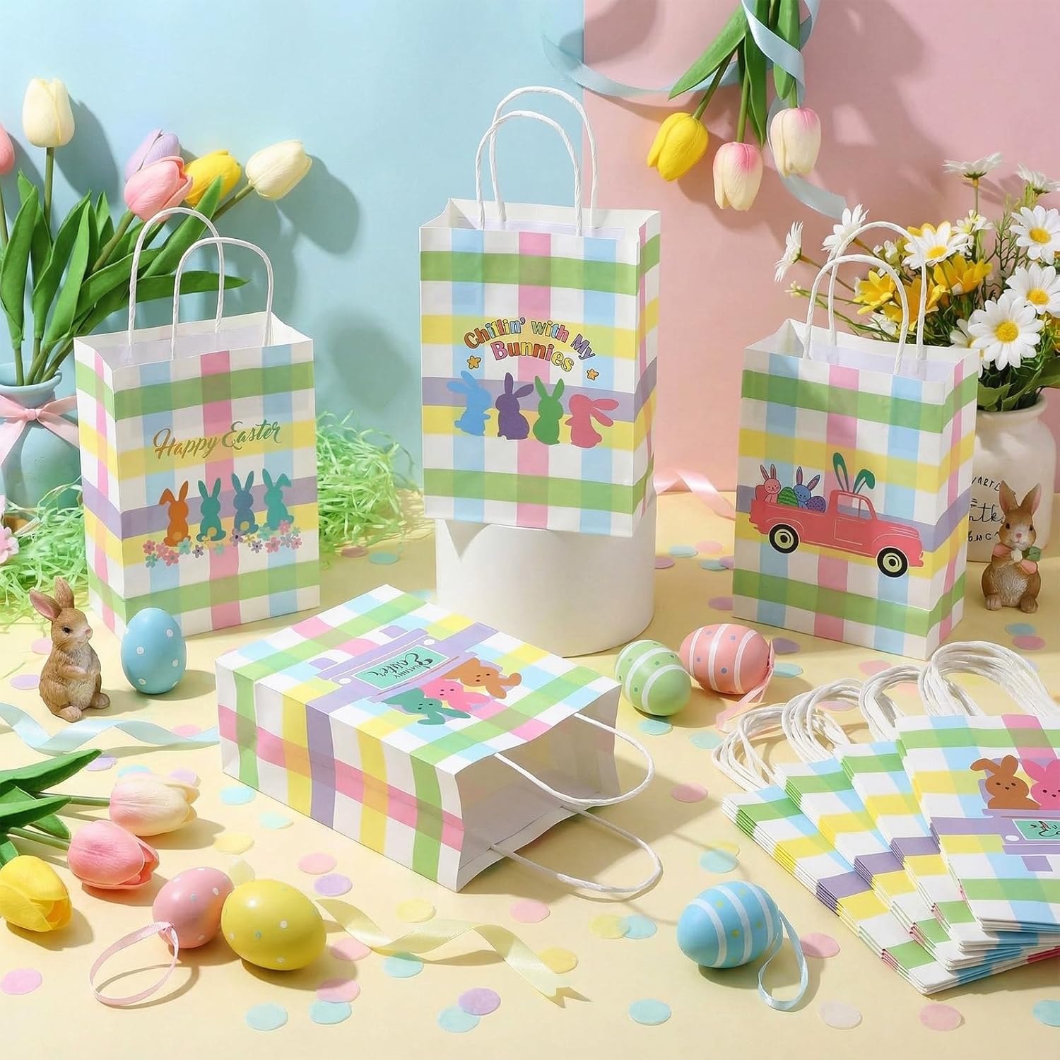 Weysat 100 Pcs Happy Easter Gift Paper Bags Bulk Colorful Bunny Chillin Treat Tote Bags with Handles Egg Hunt Bag for Snack Candy Treat Party Favor Spring Birthday Party Supplies - Image 5