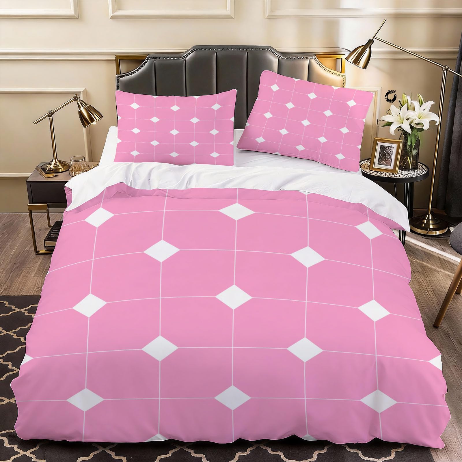 3D Gingham Duvet Cover Simple Bedding Double Bed Set, Soft Microfiber Comforter Cover Printed with Zipper Closure Quilt Coverr 200x200 cm and 2 Pillowcases
