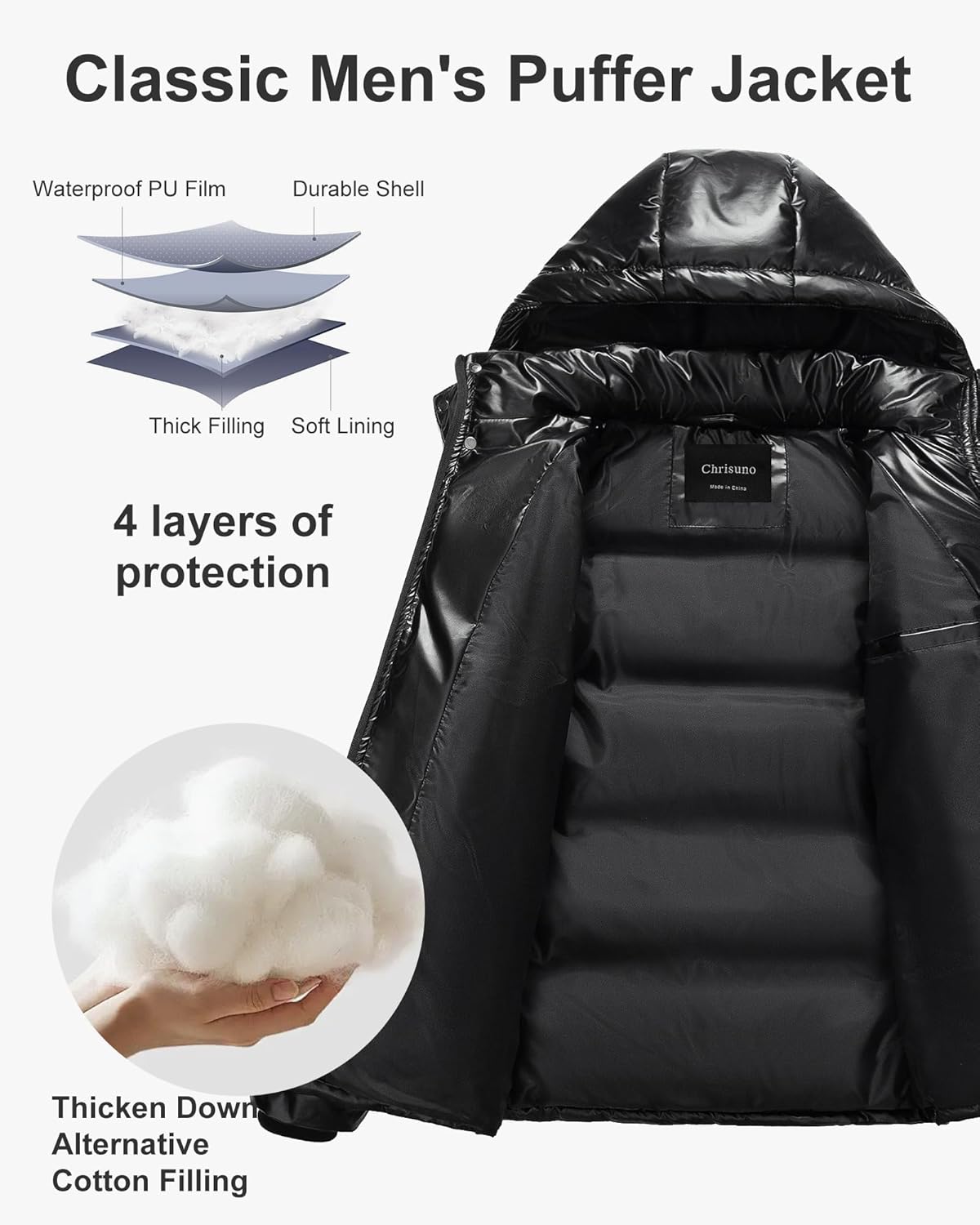 Chrisuno Men's Winter Coat Waterproof Warm Puffer Jacket Quilted Insulated Bubble Jackets with Hood - Image 3