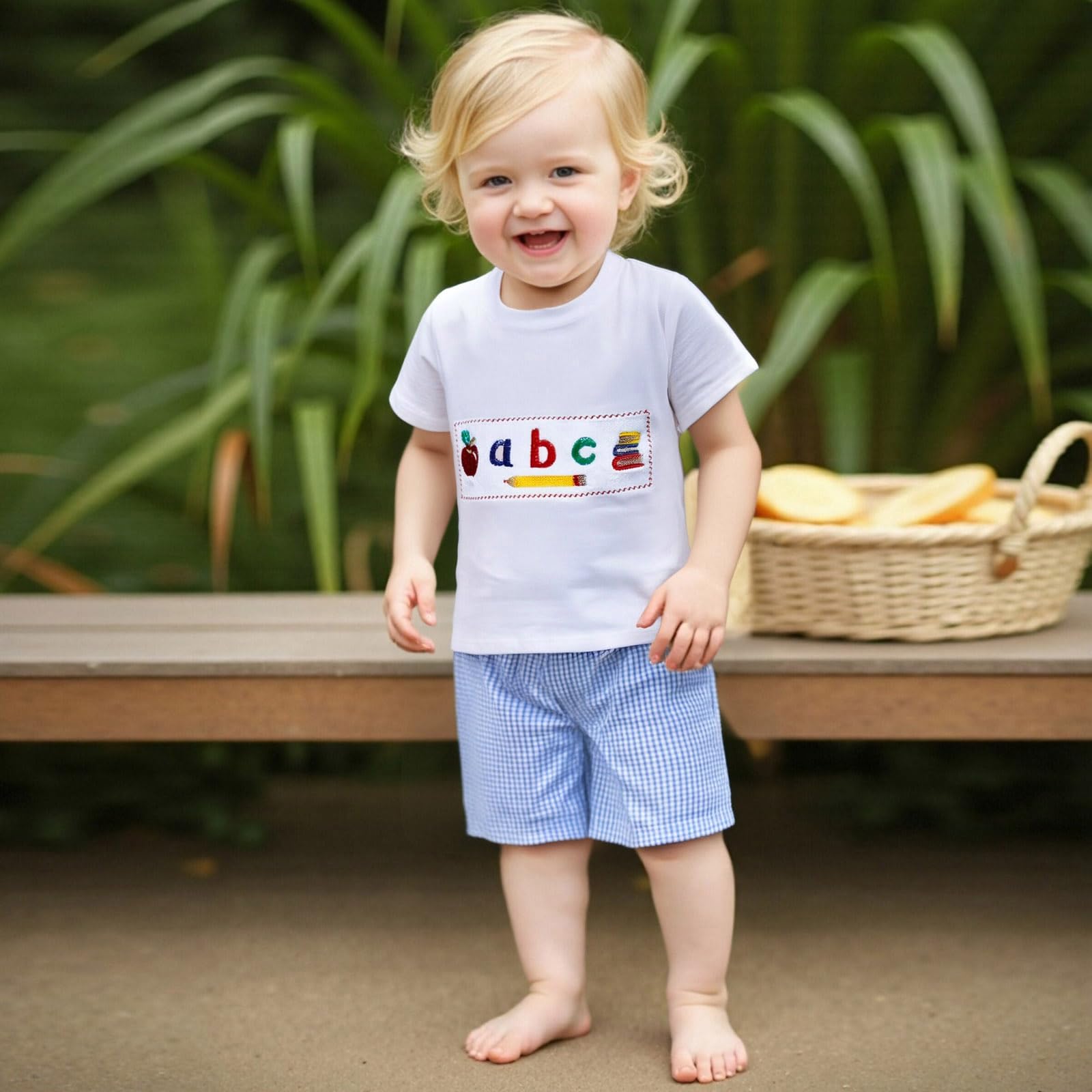 Sasaerucure Toddler Baby Boy Back To School Outfit First Day of School ABC Short Sleeve T-Shirt Plaid Shorts Set (White, 3-4T)