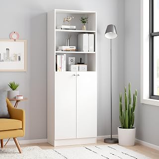 FURNEASER Aplent Wooden Bookshelf with Doors Engineered Wood Book Cabinet Storage Organizer Freestanding Bookcase for Living Room, Office, Bedroom Frosty White Finish