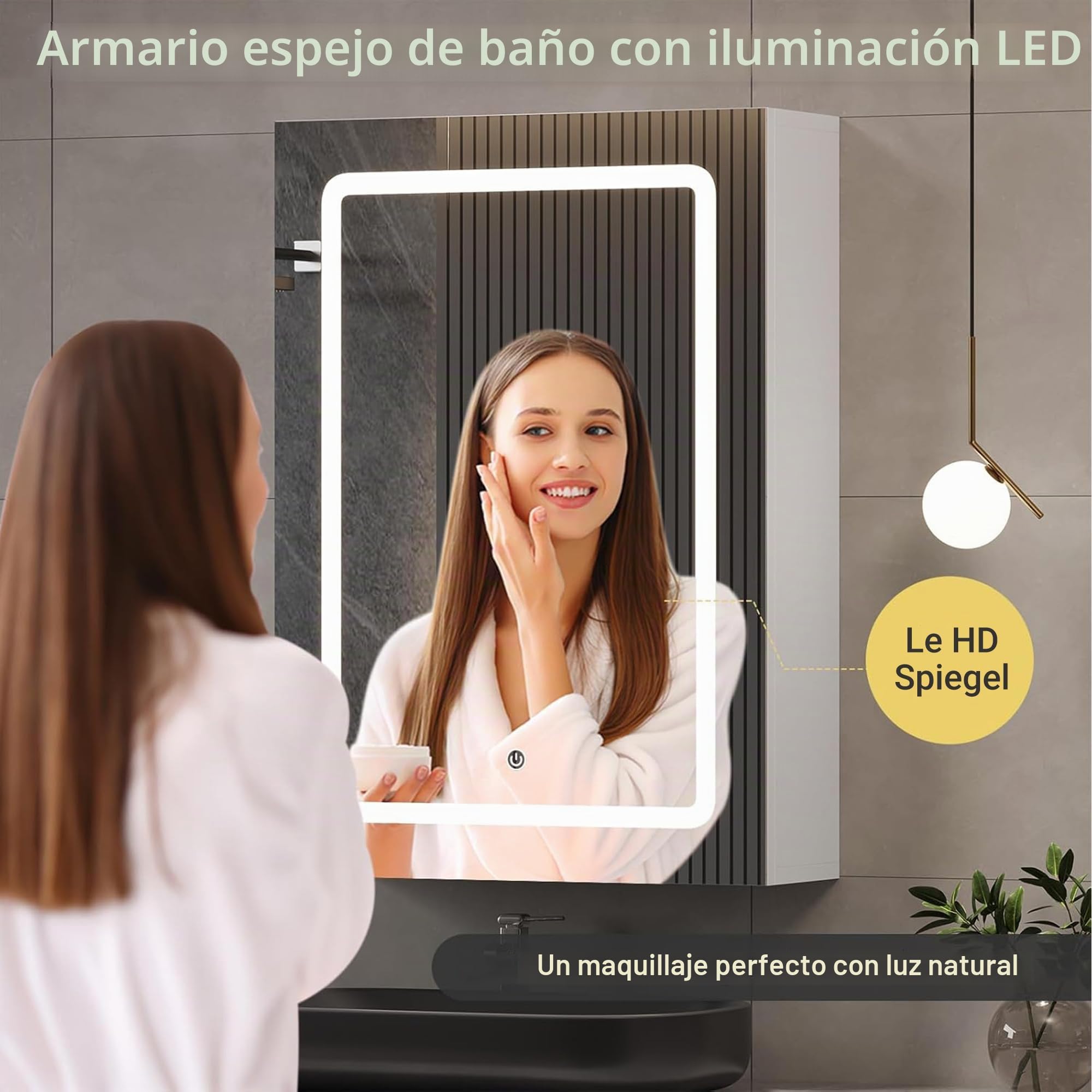 BFYDOAA - Espejo de pared con iluminación y almacenamiento, 50 x 70 cm - Armario con espejo de baño, espejo LED con 2 estantes - 3 colores LED, interruptor táctil