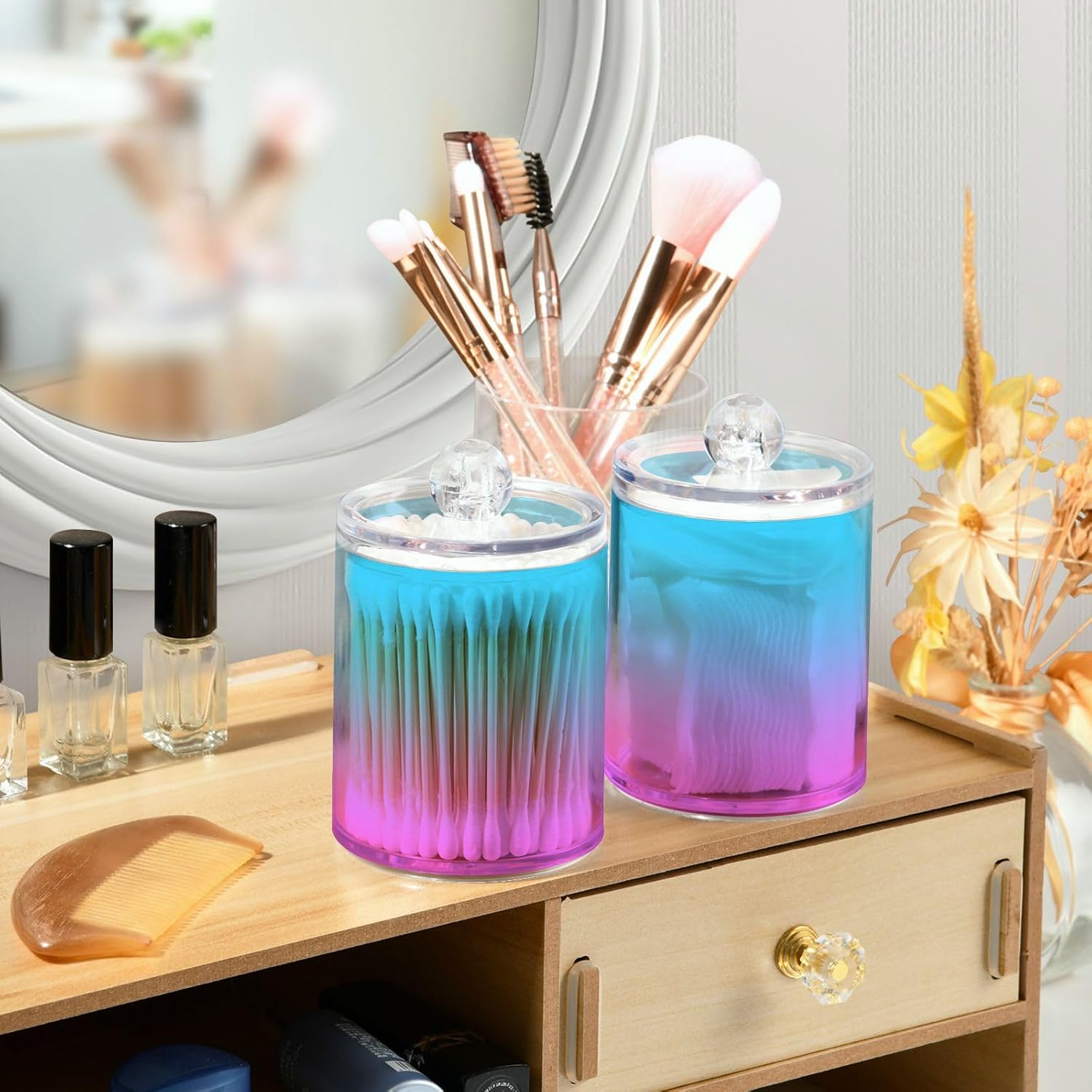 Gradient Blue Purple Pink Qtip Dispenser Apothecary Jars Bathroom Qtip Holder Storage Canister Plastic Jar 10 Oz for Cotton Ball Swab Round Pads Floss 4pcs
