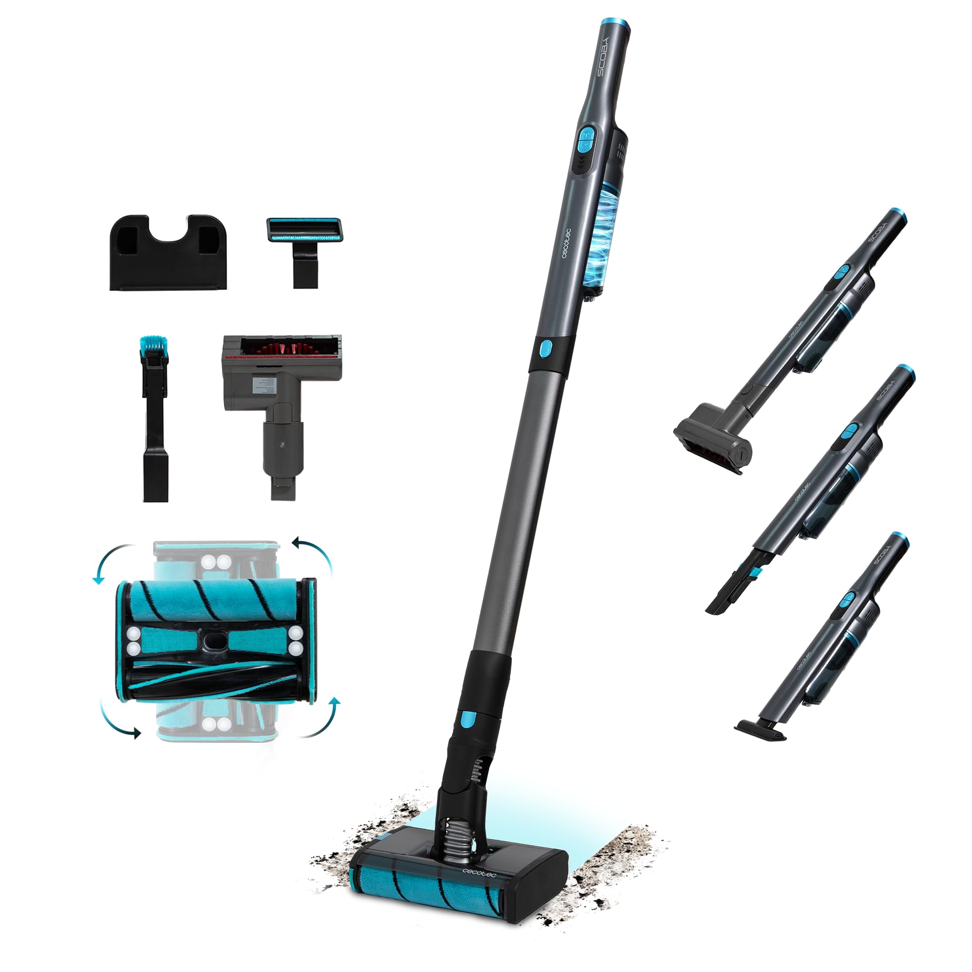 Cecotec Aspiradora Escoba sin Cable Ligera Scoba 2100 Twice MAX Essential. 210W y 20 kPa, Motor Digital Brusless, Autonomía 45mins, Cabezal Motorizado Omnidireccional con Doble Cepillo, 3 Accesorios