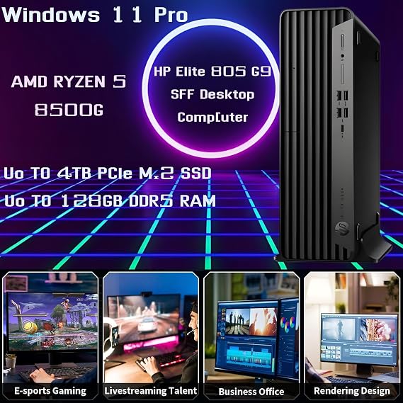 HP EliteDesk 805 G9 Gaming PC Desktop Computer, AMD Ryzen 5 8500G, Radeon 740M Graphics, 16GB DDR5 RAM, 256GB PCIe SSD, Wi-Fi, HDMI, Display Port, 2-Monitor Support 4K, Windows 11 Pro