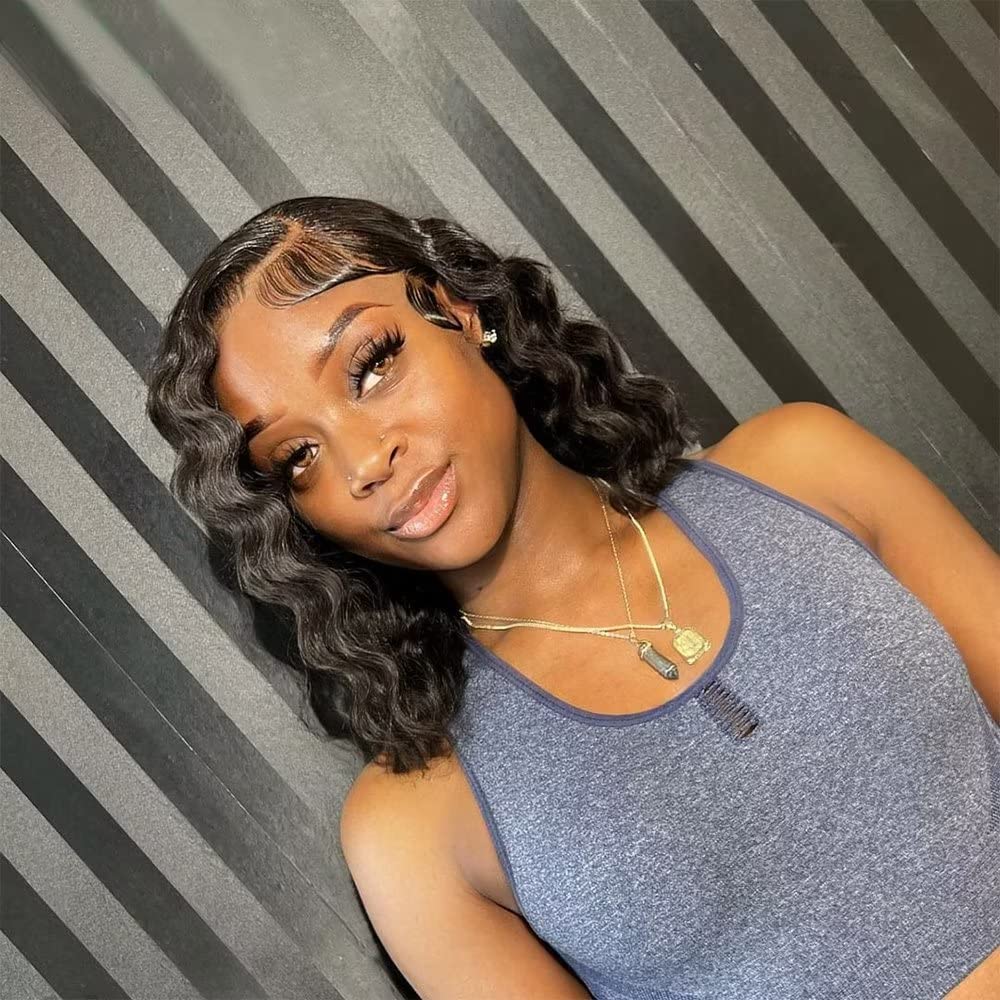 Imeya Glueless Short Deep Curly Bob Wig Human Hair 13x4 Lace Front Wigs Pre Plucked Brazilian Remy Wet and Wavy Human Hair Wigs for Black Women HD Lace Frontal Deep Wave Bob Wigs 150% Density 10 Inch